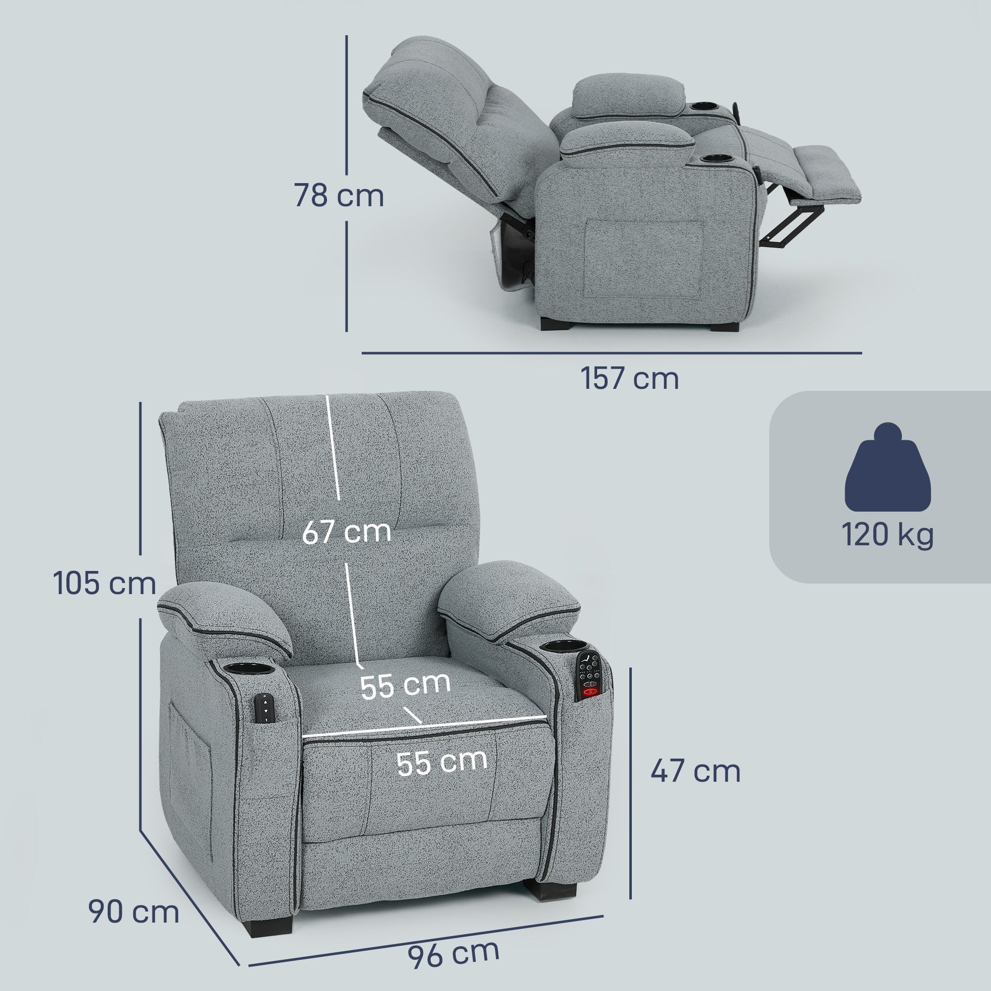 HOMCOM Electric Massage Recliner Armchair with Vibration, Heat, Whisper-Quiet Motor, Memory Function, Velvet Power Reclining Chair with Spring Pack, USB Port, Footrest, Side Pocket, Cup Holders, Grey - anydaydirect