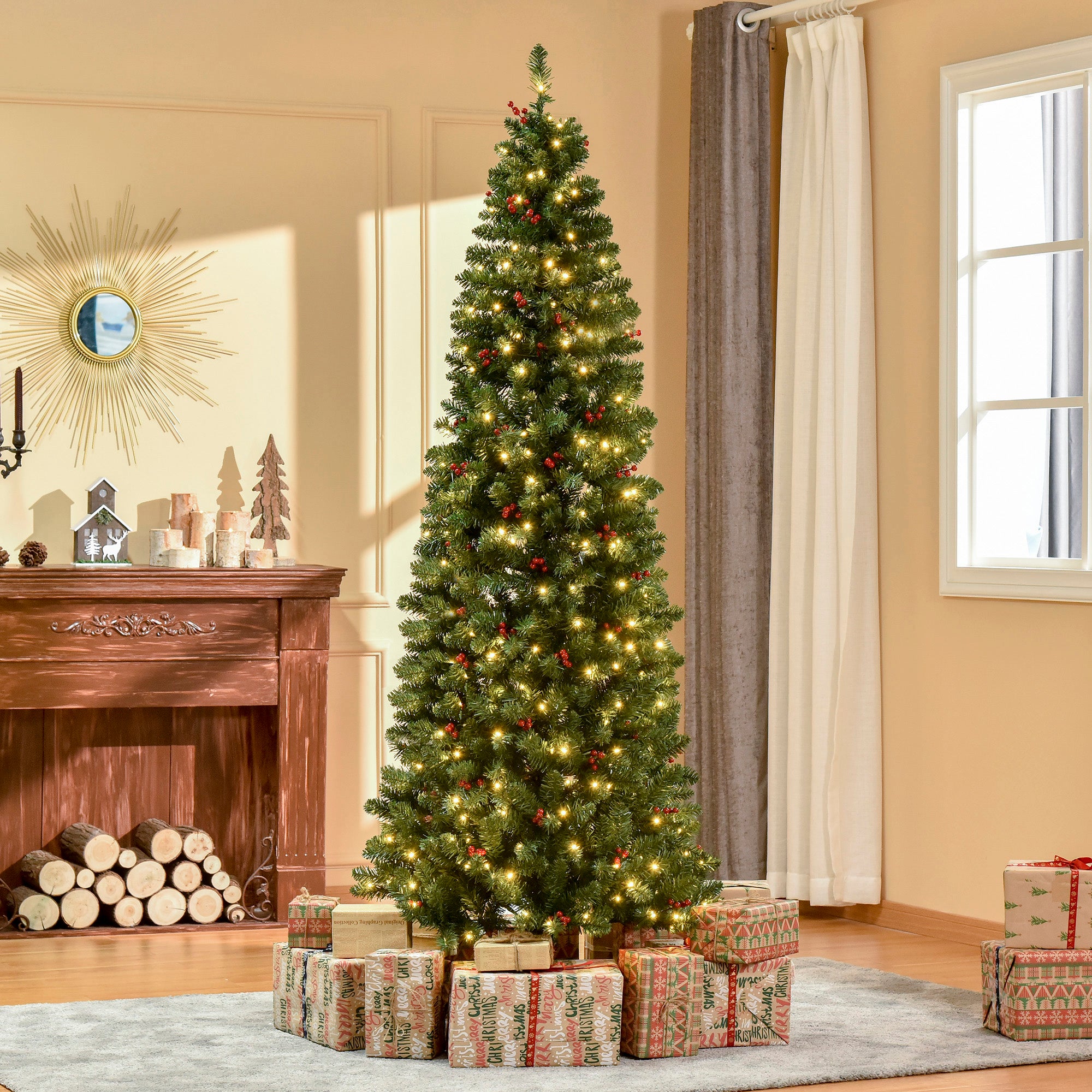 HOMCOM 7FT Prelit Artificial Pencil Christmas Tree with Warm White LED Light, Red Berry, Holiday Home Xmas Decoration, Green - anydaydirect