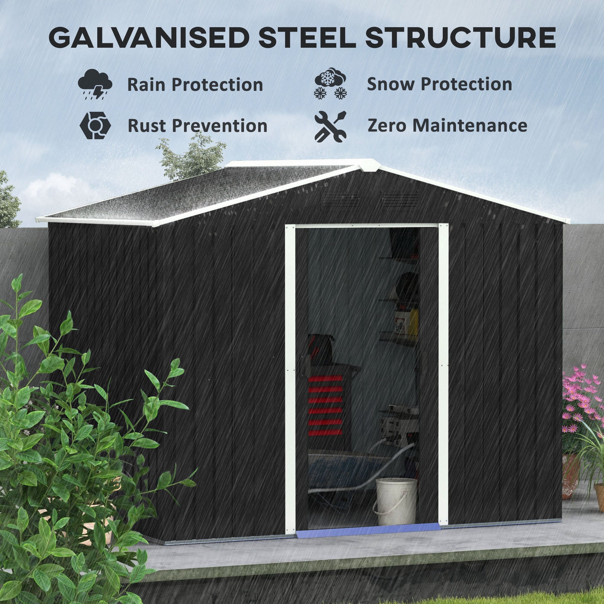 Outsunny 8 x 6ft Garden Storage Shed Double Door Ventilation Windows Sloped Roof Outdoor Equipment Tool, Grey - anydaydirect
