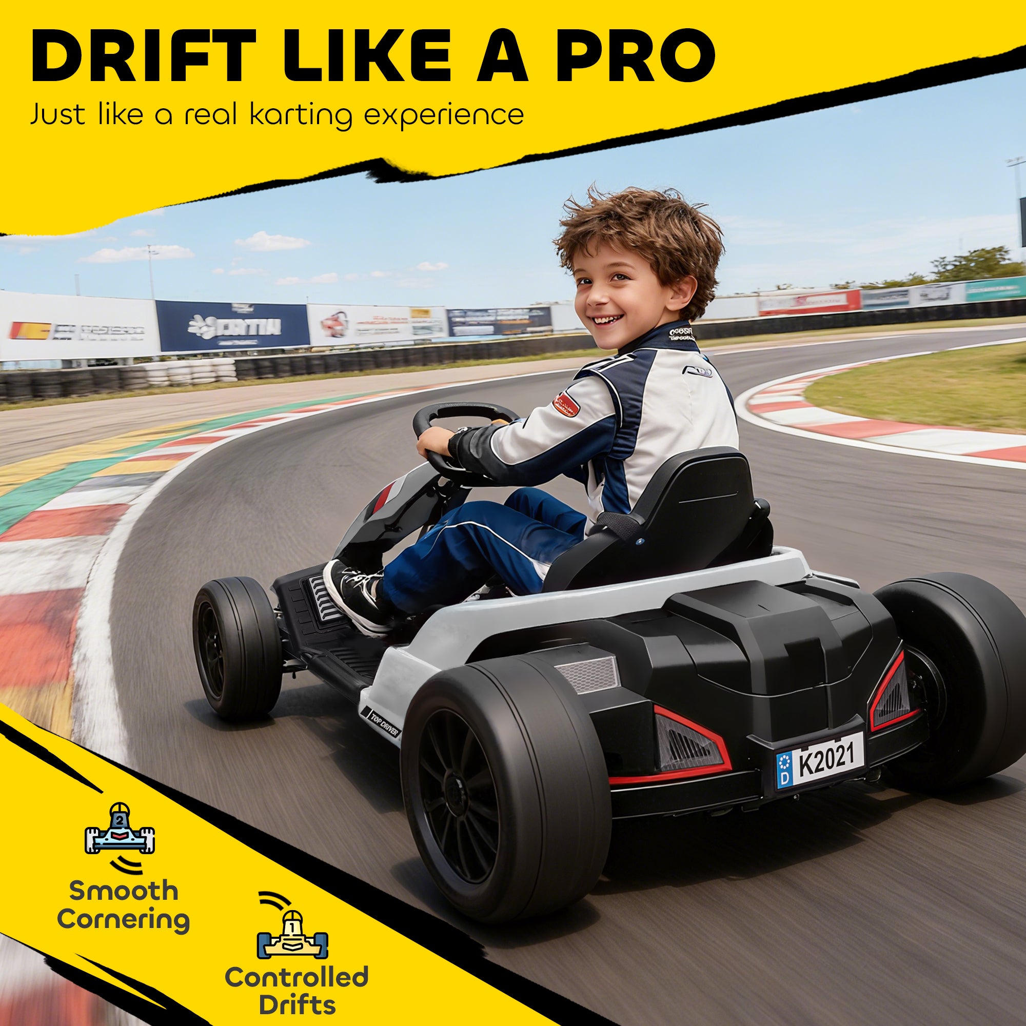AIYAPLAY 24V Electric Go Kart, Drift Kart with Adjustable Seat, Slow Start, 5-Point Harness, Music, Horn, for 6-12 Years, White - anydaydirect