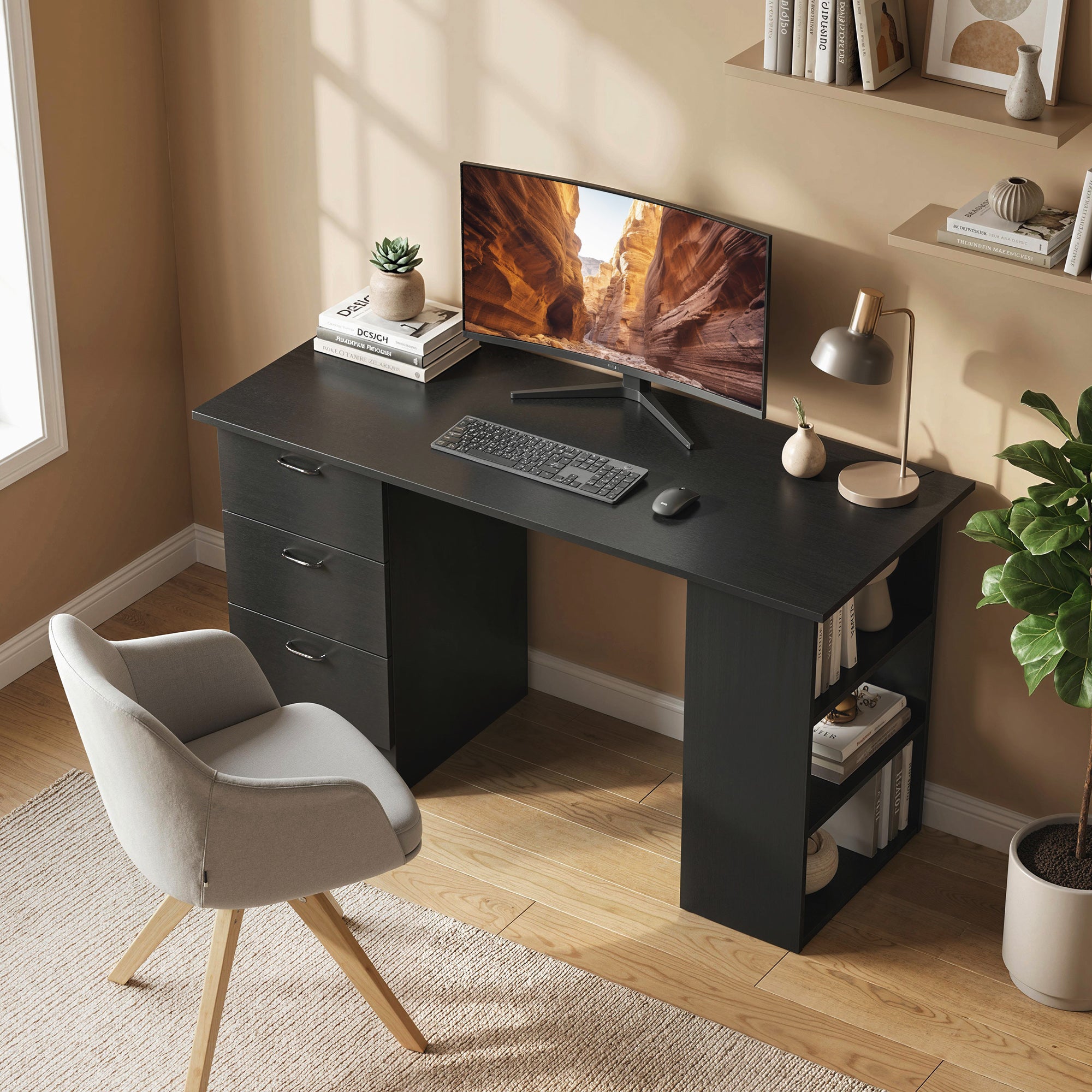 HOMCOM Computer Desk, Writing Table, PC Workstation with 3 Storage Shelves and Drawers, Handle, for Home Office, Black - anydaydirect