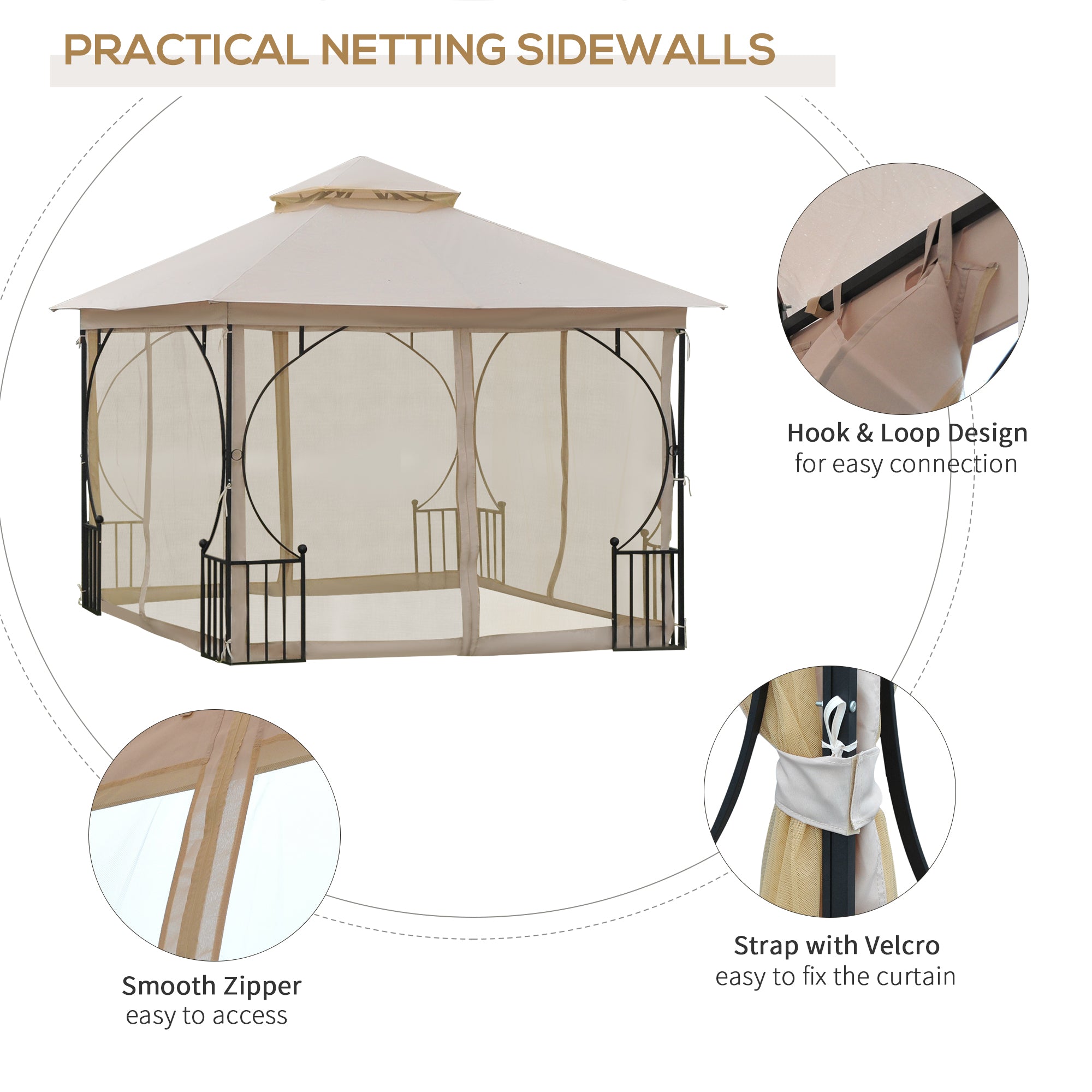 Outsunny 3 x 3(m) Garden Gazebo Patio Party Tent Shelter Outdoor Canopy Double Tier Sun Shade Metal Frame Netting Beige - anydaydirect