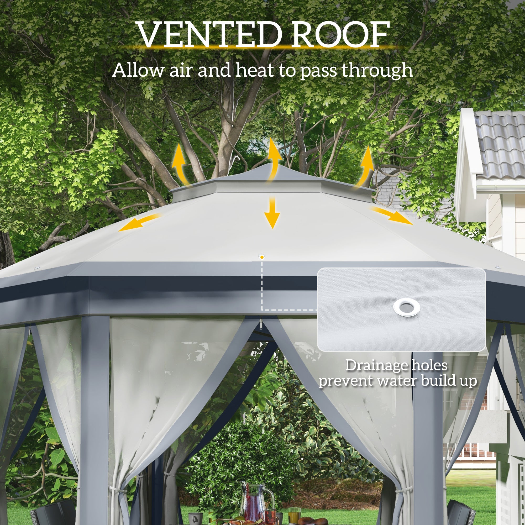 Outsunny 3 x 4m Metal Frame Hexagon Gazebo, with Curtains - Grey - anydaydirect