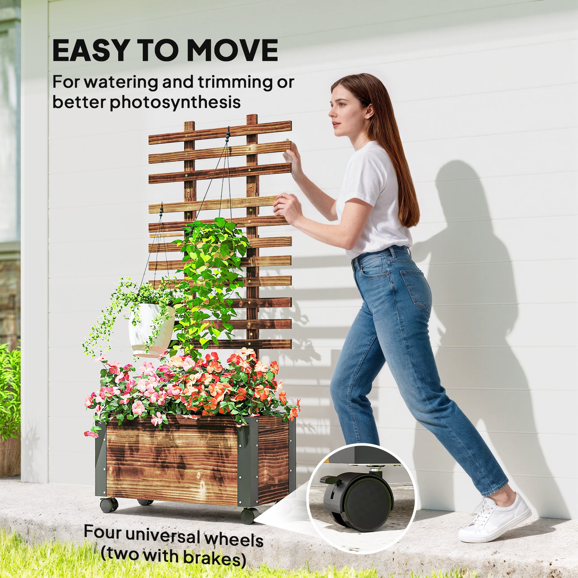 Outsunny Raised Garden Bed with Trellis, Outdoor Wooden Planter Box with Metal Corners and Wheels, Raised Bed for Garden - anydaydirect