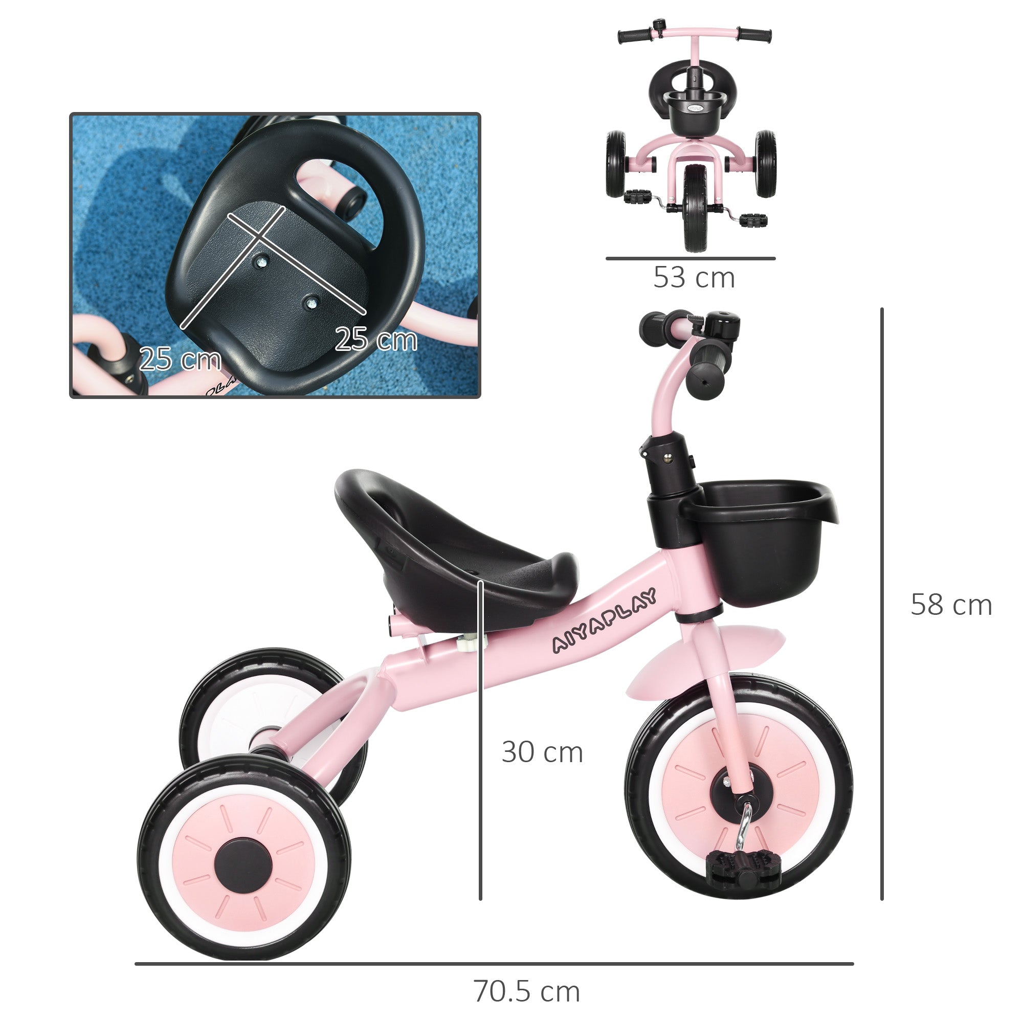AIYAPLAY Kids Trike, Tricycle, with Adjustable Seat, Basket, Bell, for Ages 2-5 Years - Pink - anydaydirect