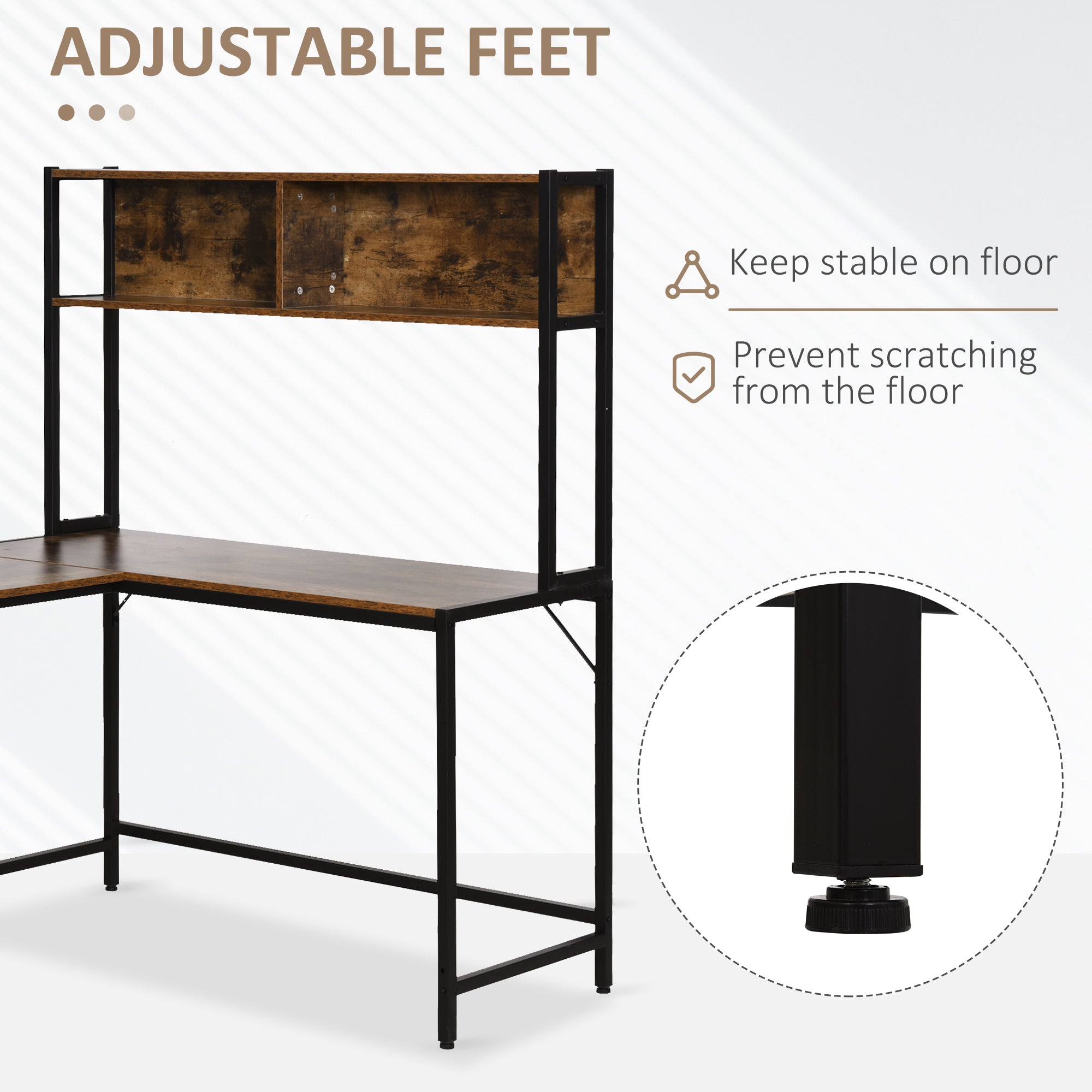 HOMCOM Reversible L Shaped Desk with Hutch, Industrial Computer Desk, Corner Desk with Storage Compartments and Steel Frame for Home Office, Study, 140 x 125cm, Brown - anydaydirect