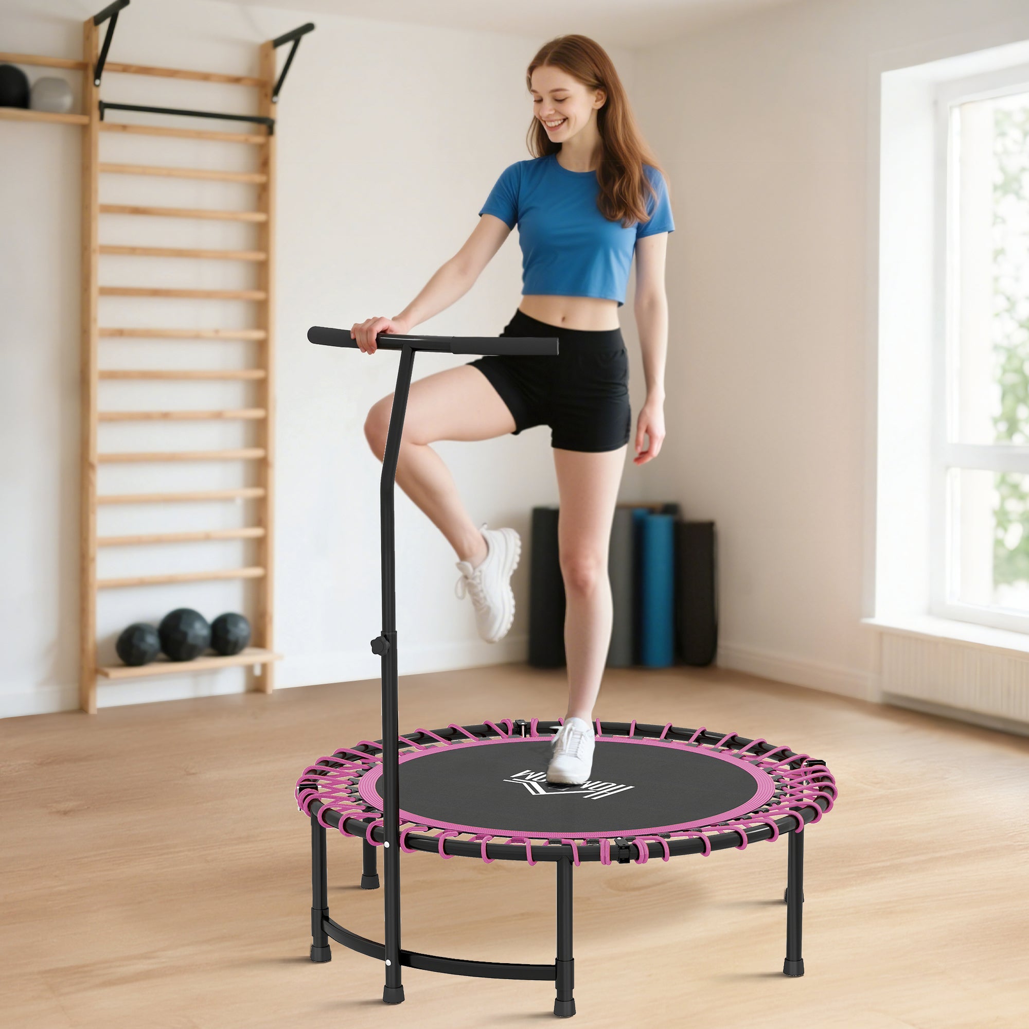 HOMCOM Mini Round Steel Frame Trampoline w/ Adjustable Handle, Pink - anydaydirect