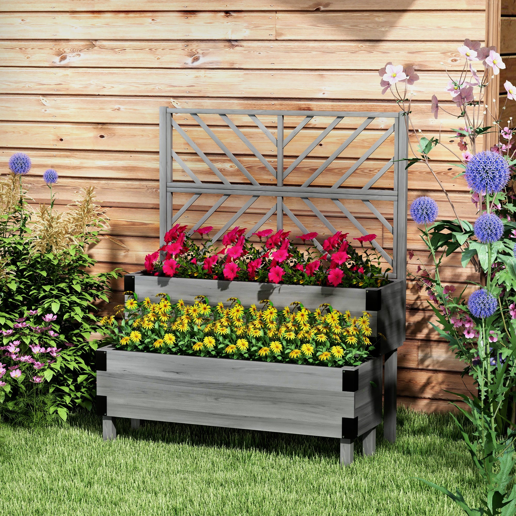 Outsunny Raised Garden Bed with Trellis, 2-Tier Wooden Elevated Planter Box for Vegetables, Flowers, Herbs, Grey - anydaydirect