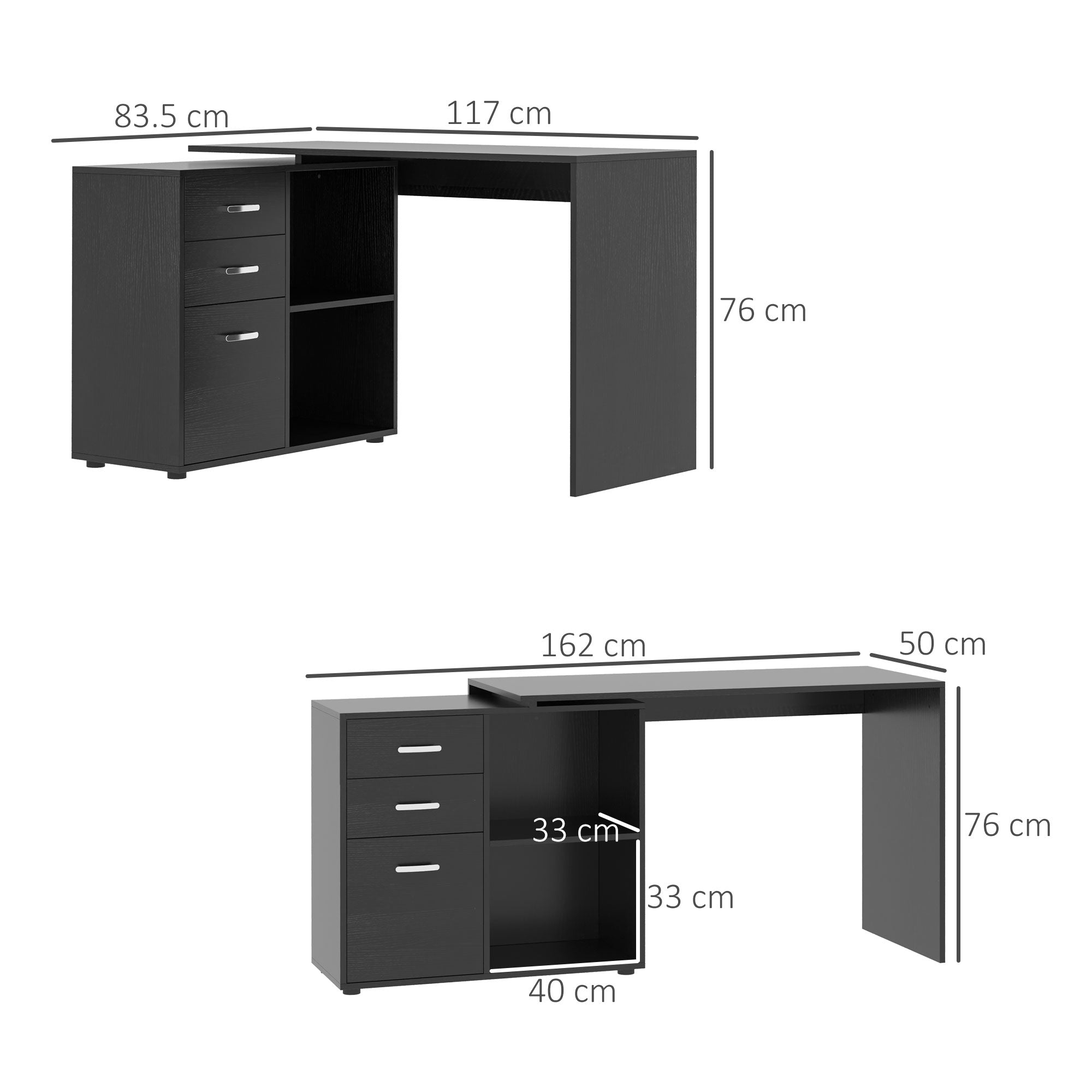 HOMCOM L Shaped Computer Desk, Reversible Home Office Desk with Drawers, File Cabinet and Storage Shelves, Study Table, 117 x 83.5 x 76cm, Black - anydaydirect