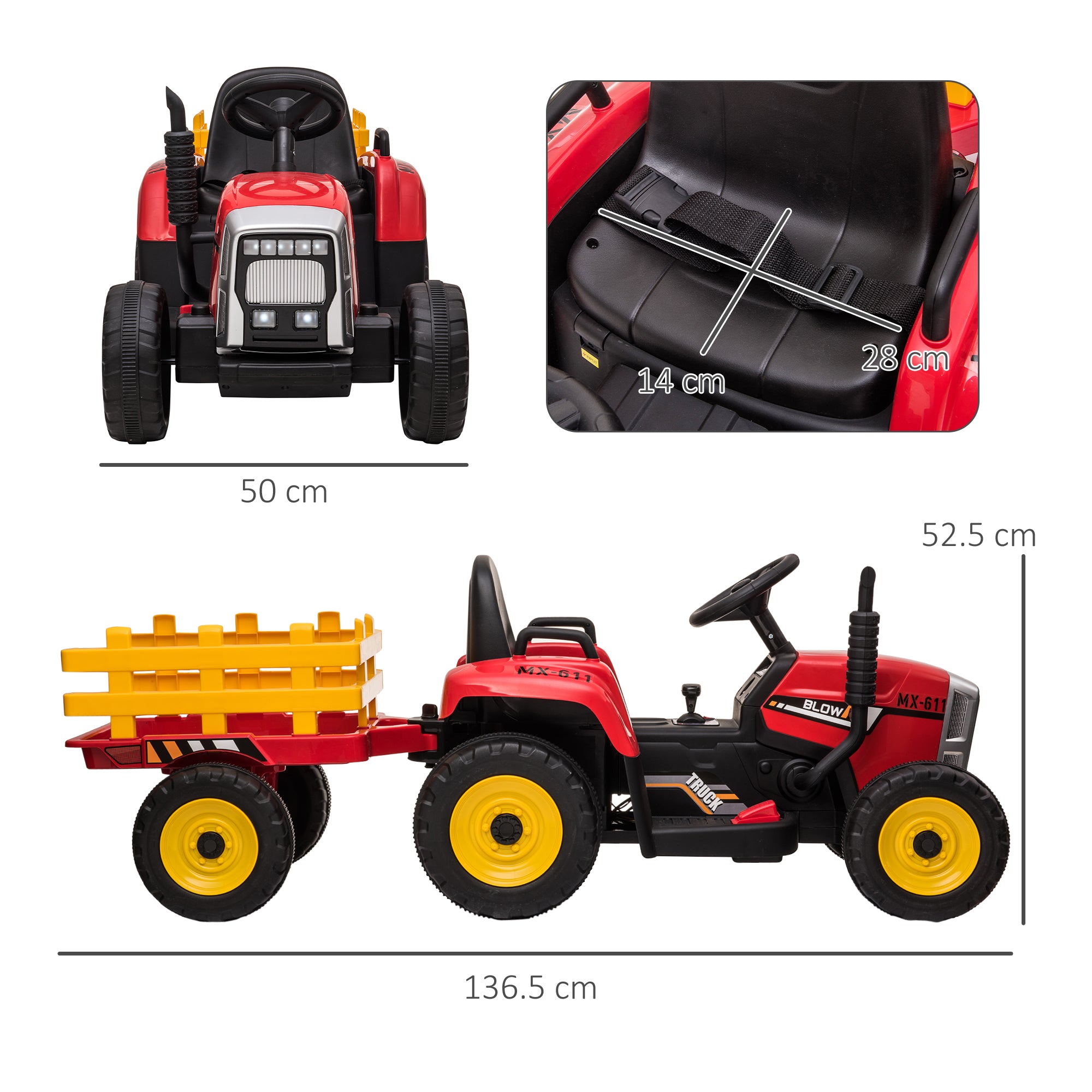 HOMCOM Electric Ride on Tractor with Detachable Trailer, 12V Kids Battery Powered Electric Car w/ Remote Control, Music Start up Sound - anydaydirect