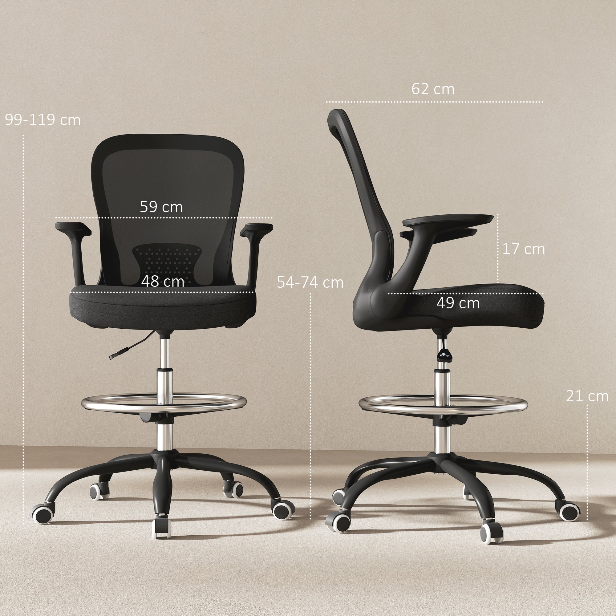 HOMCOM Draughtsman Chair, Mesh Drafting Chair, Ergonomic Office Chair with Flip-up Armrest, Adjustable Foot Ring, Black - anydaydirect