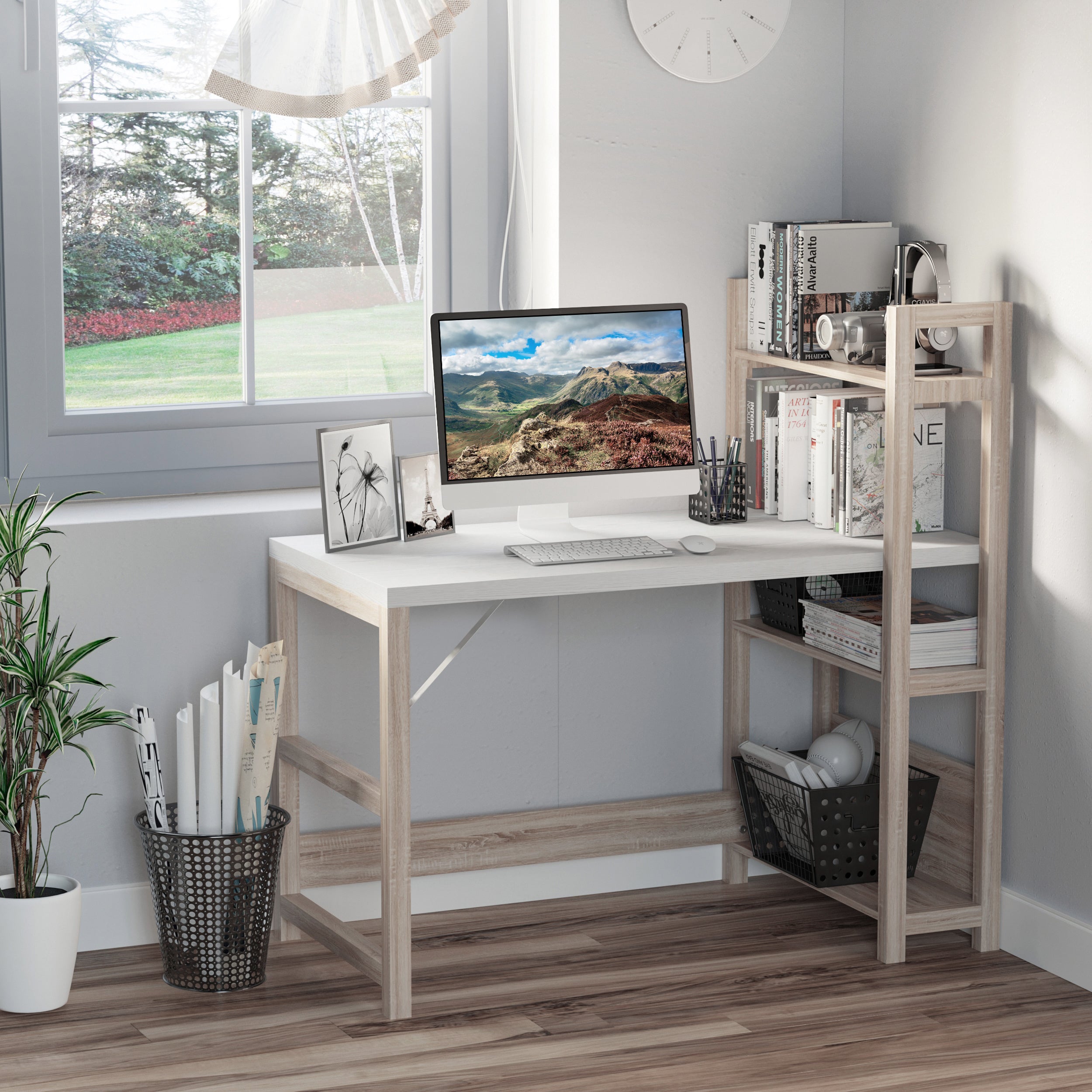 HOMCOM Computer Desk with 3 Tier Storage Shelves on Left or Right, 120cm Writing Table for Home Office, Study, Bedroom, White and Oak - anydaydirect