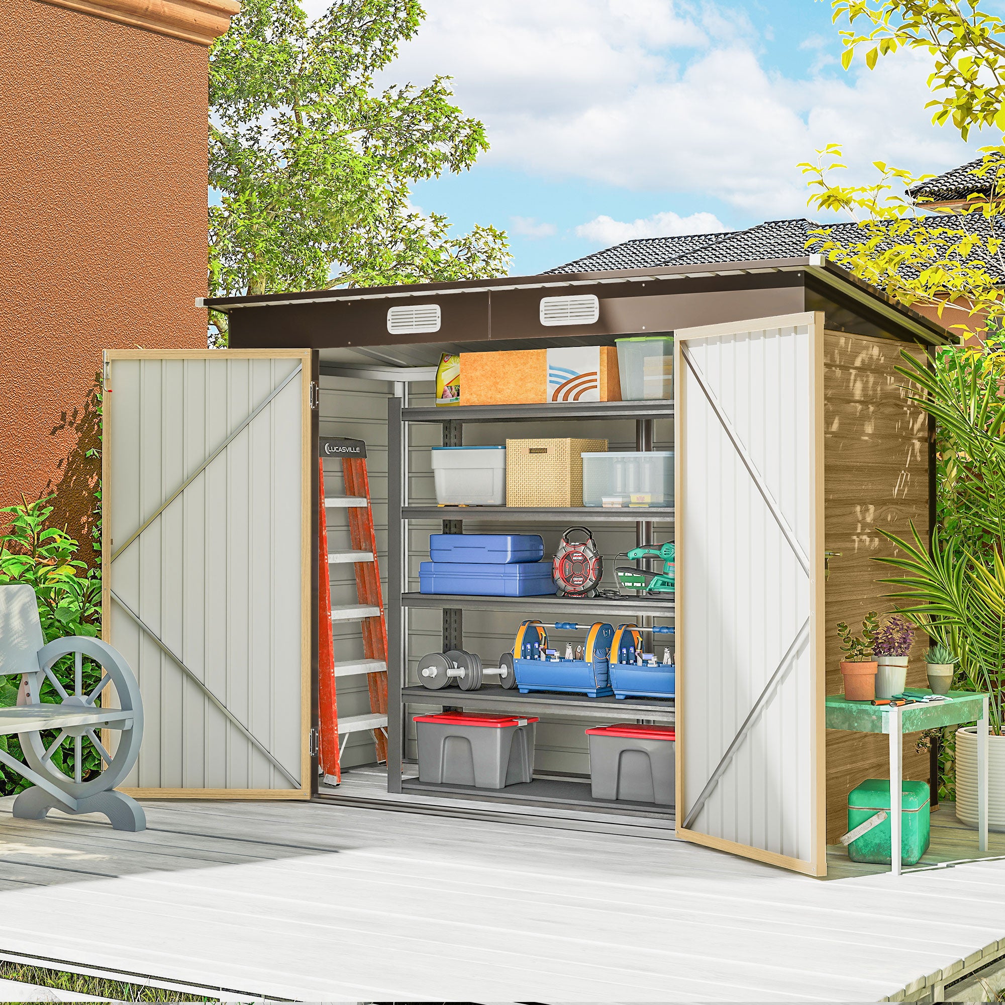 Outsunny 3.7 x 7.9ft Galvanised Steel Shed, with Latched Door and Padlock - Oak - anydaydirect