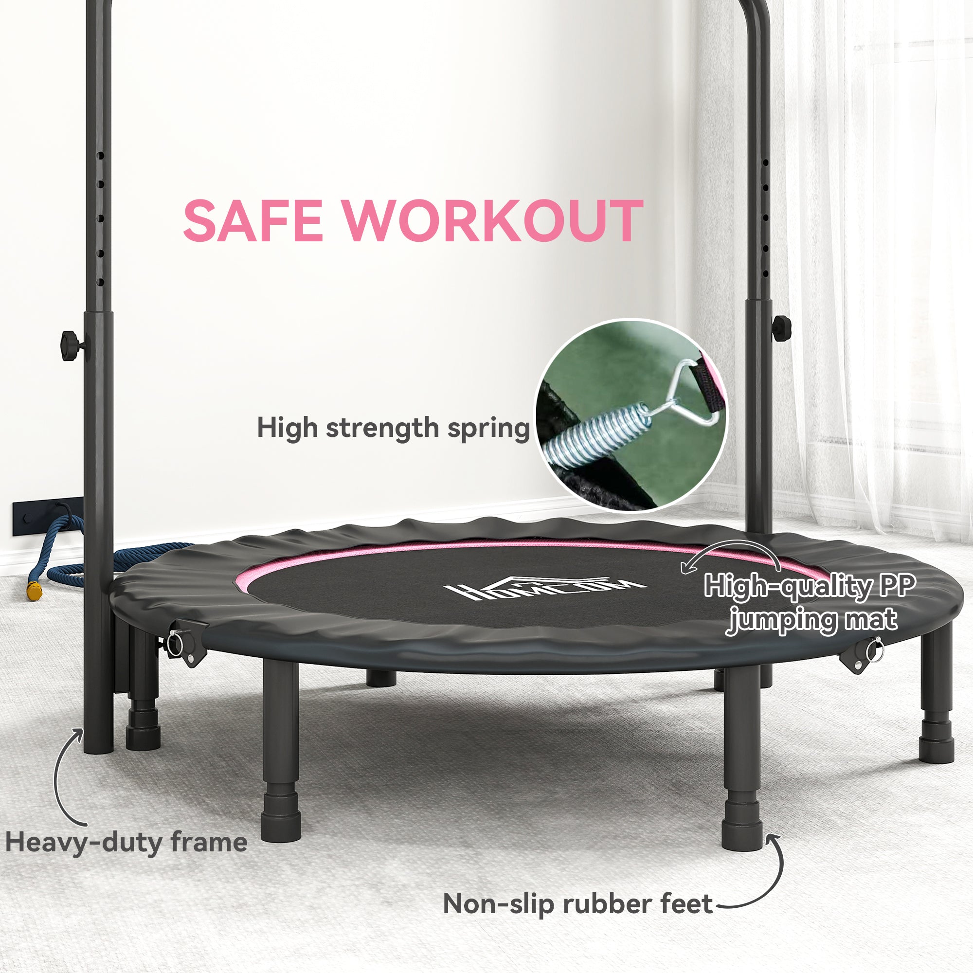 HOMCOM 45" Foldable Mini Fitness Trampoline, with Adjustable Foam Handle, Pink - anydaydirect