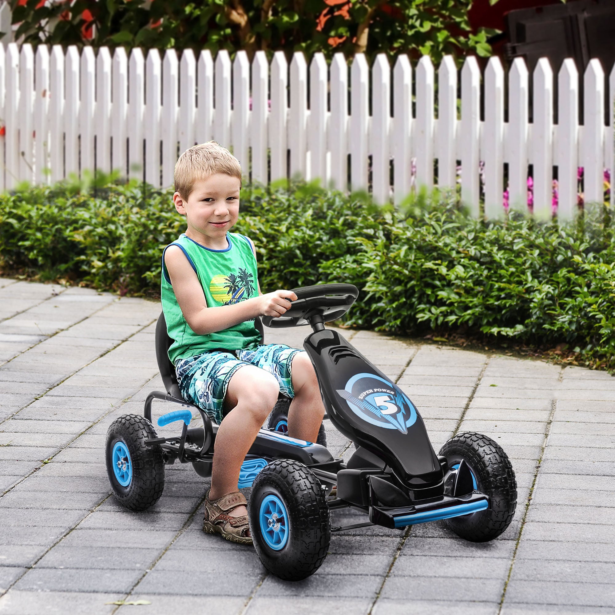 HOMCOM Kids Pedal Go Kart, with Adjustable Seat, Inflatable Tyres - Blue - anydaydirect