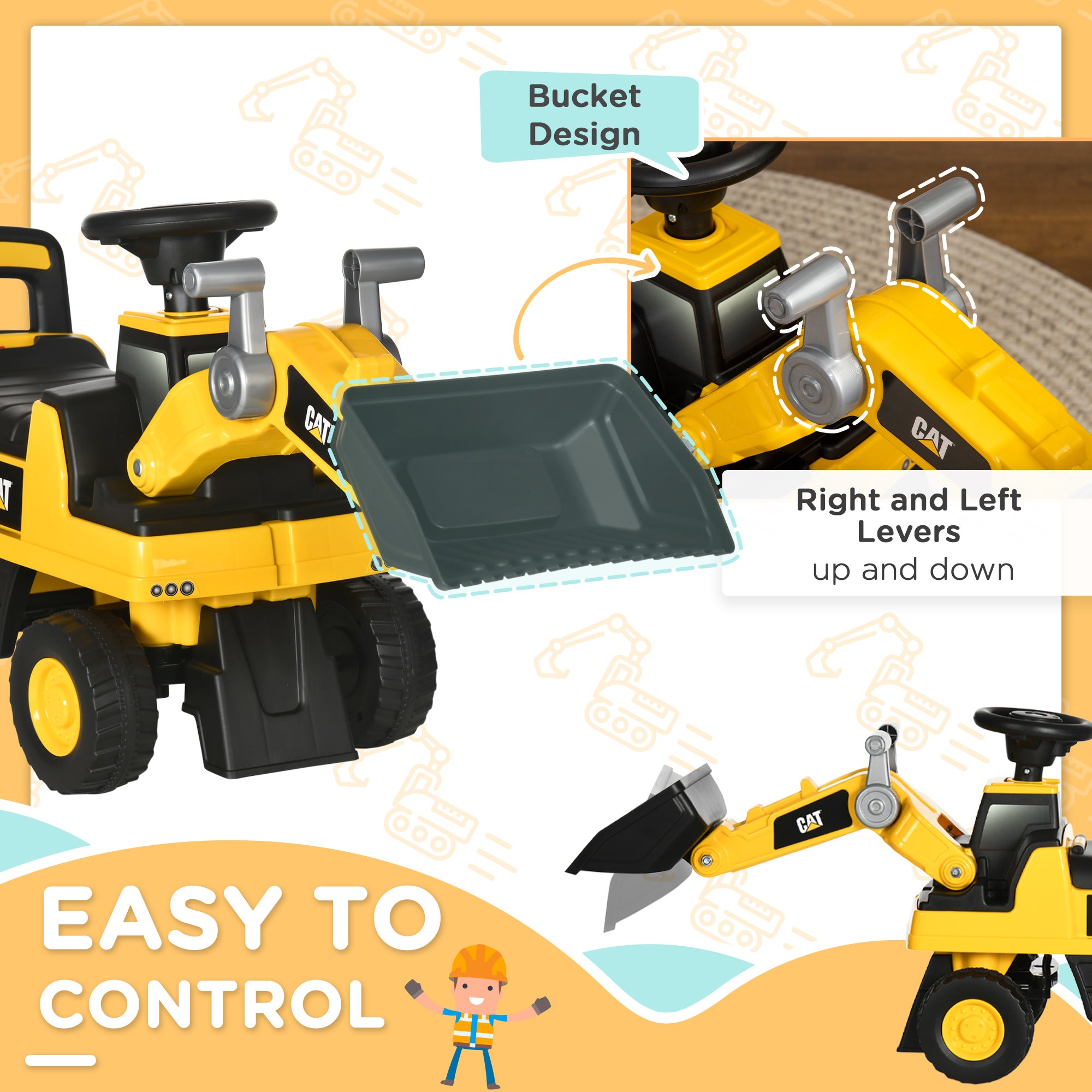 HOMCOM CAT Licensed Construction Digger Ride-On for Kids, Manual Bucket & Under Seat Storage, Yellow - anydaydirect