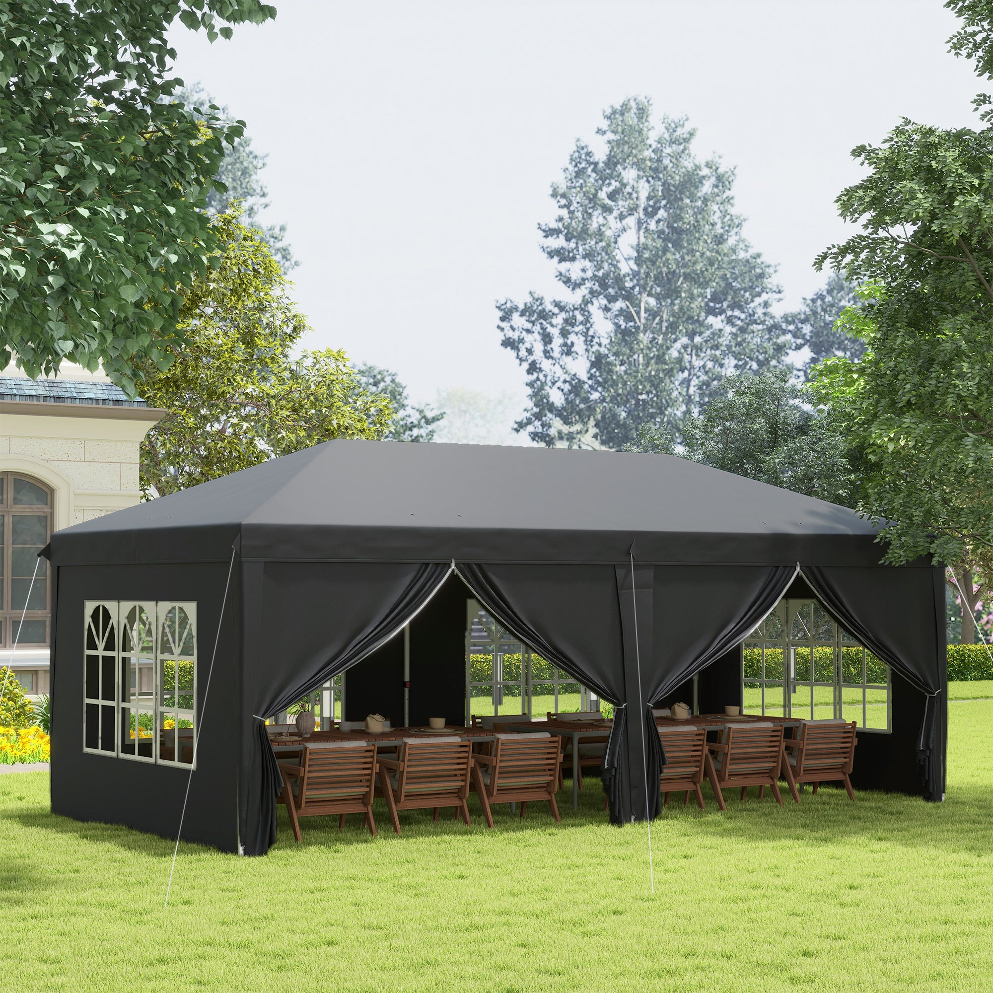 Outsunny 3 x 6 m Pop Up Gazebo with Sides and Windows, Height Adjustable Wedding Camping Party Tent Canopy Marquee with Storage Bag for Garden, Event, Black - anydaydirect
