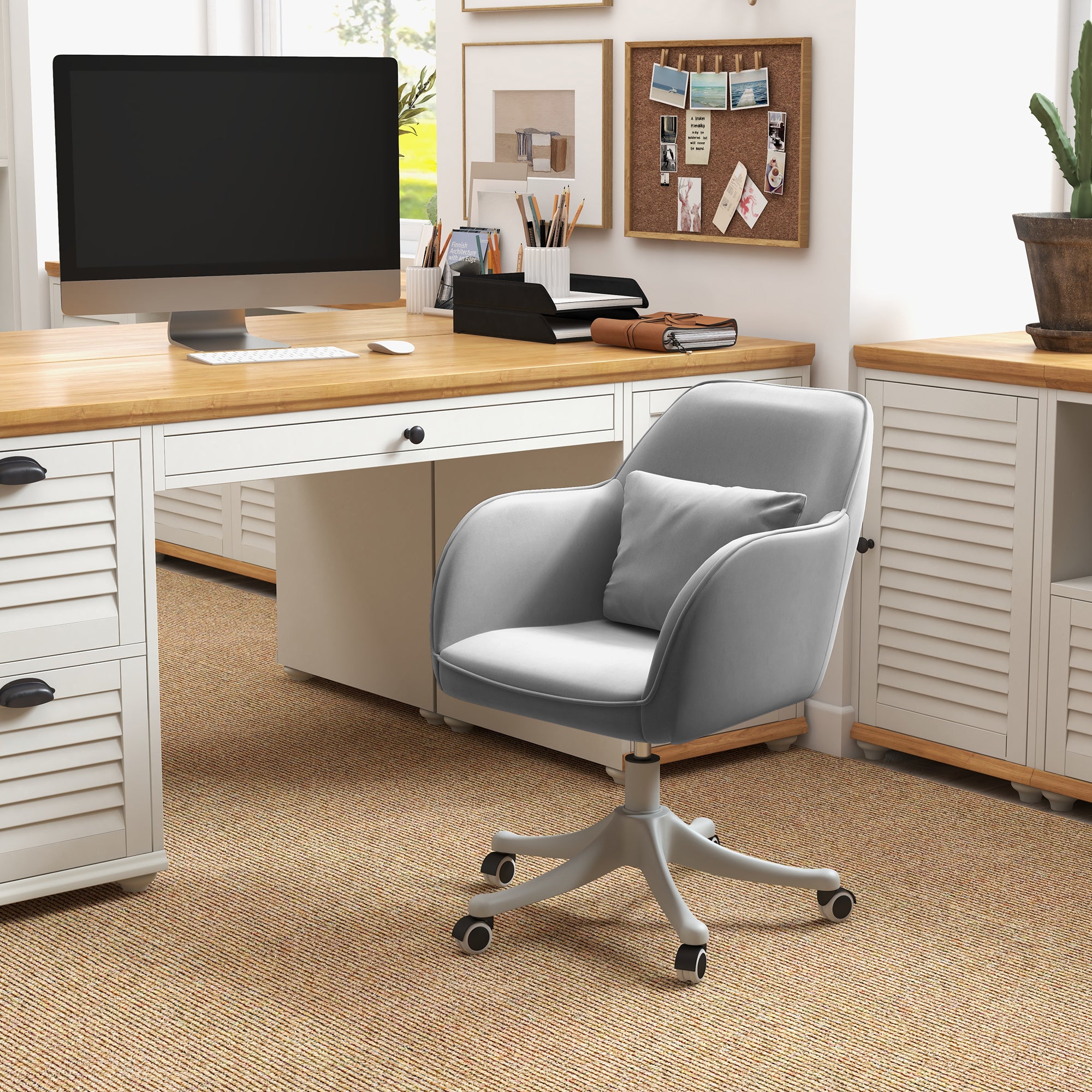 Vinsetto Velvet Office Chair, Desk Chair, Makeup Vanity Chair with Massage Lumbar Pillow and Rolling Wheels for Bedroom and Home, Grey - anydaydirect