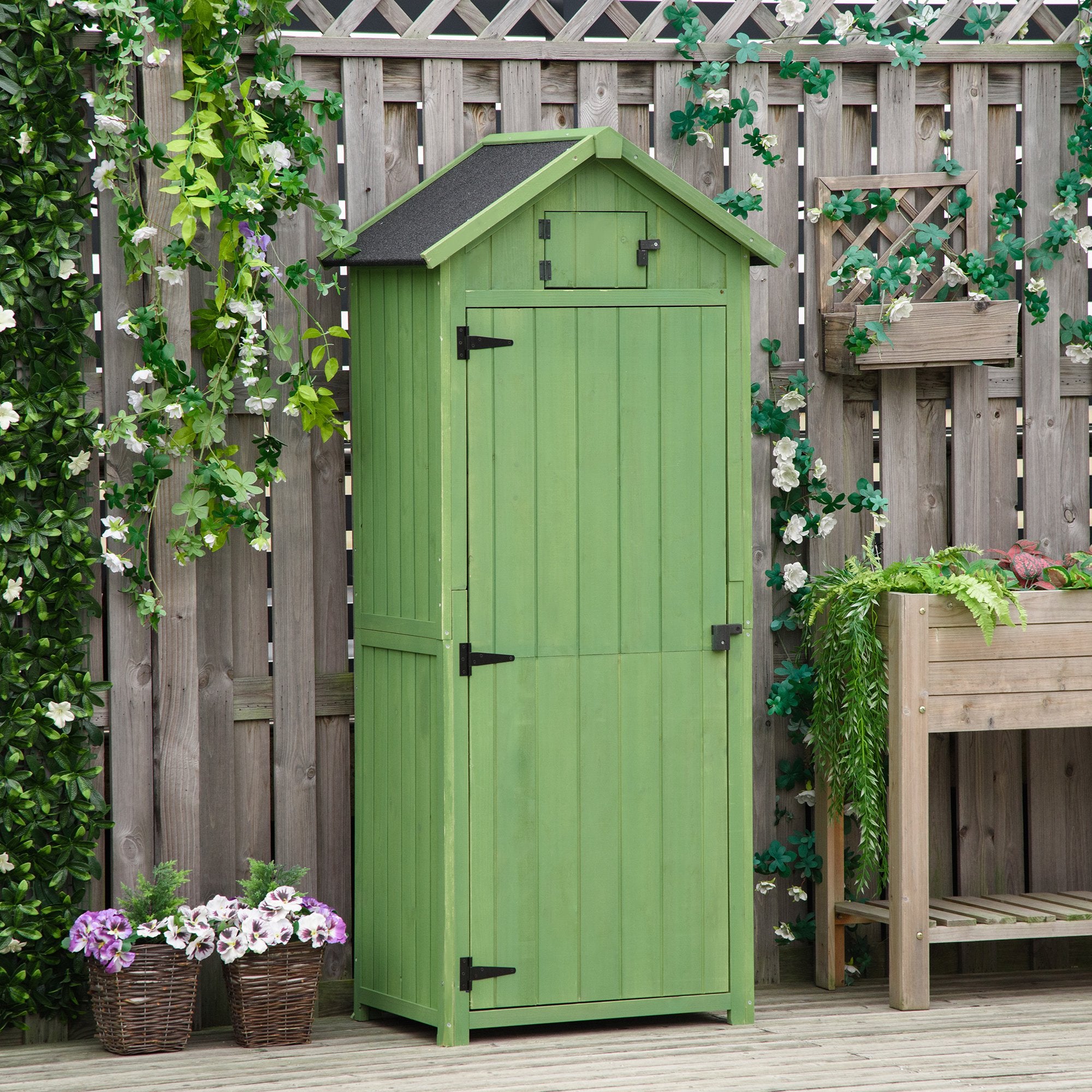 Outsunny Garden Shed Vertical Utility 3 Shelves Shed Wood Outdoor Garden Tool Storage Unit Storage Cabinet, 77 x 54.2 x 179cm - Green - anydaydirect