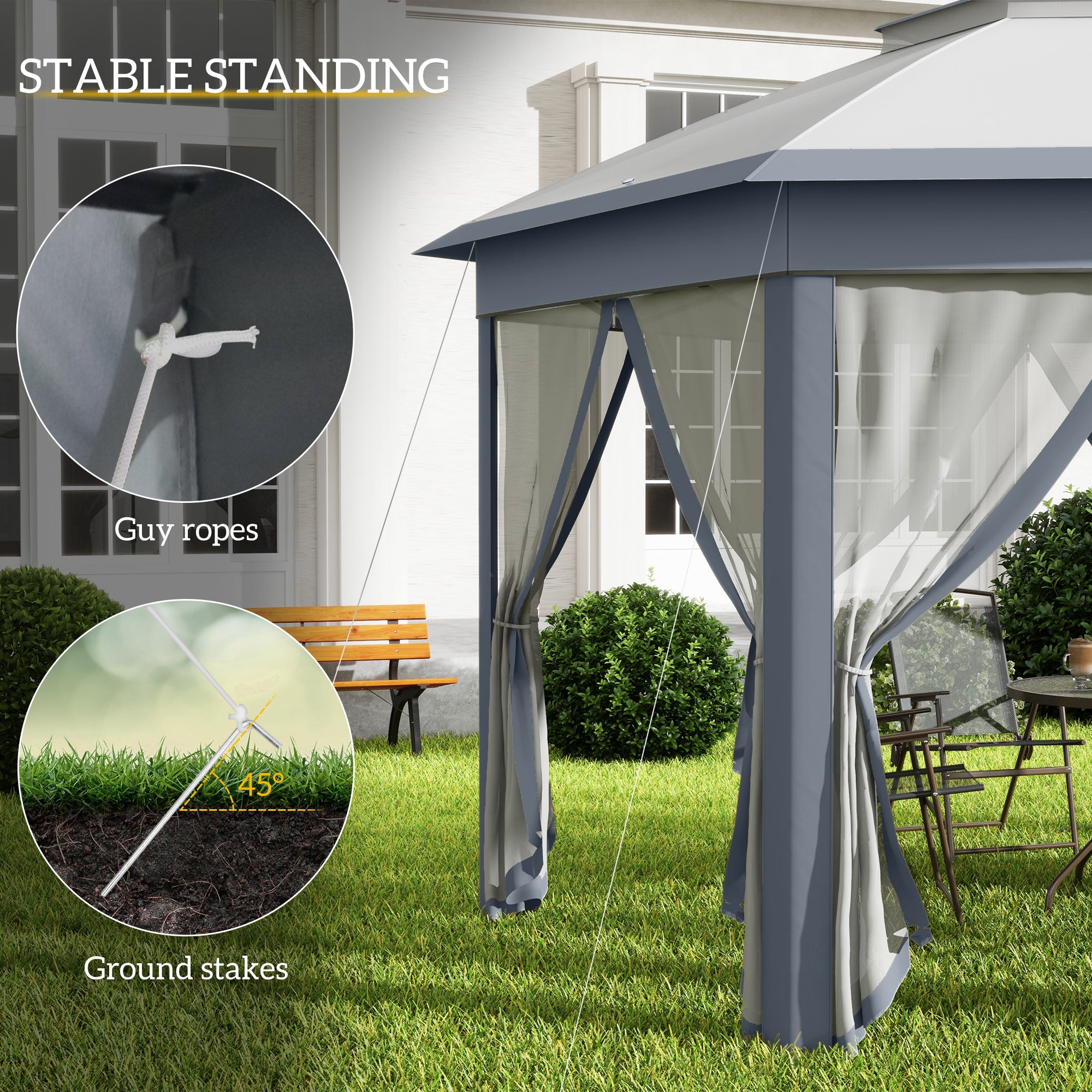 Outsunny 3 x 4m Metal Frame Hexagon Gazebo, with Curtains - Grey - anydaydirect