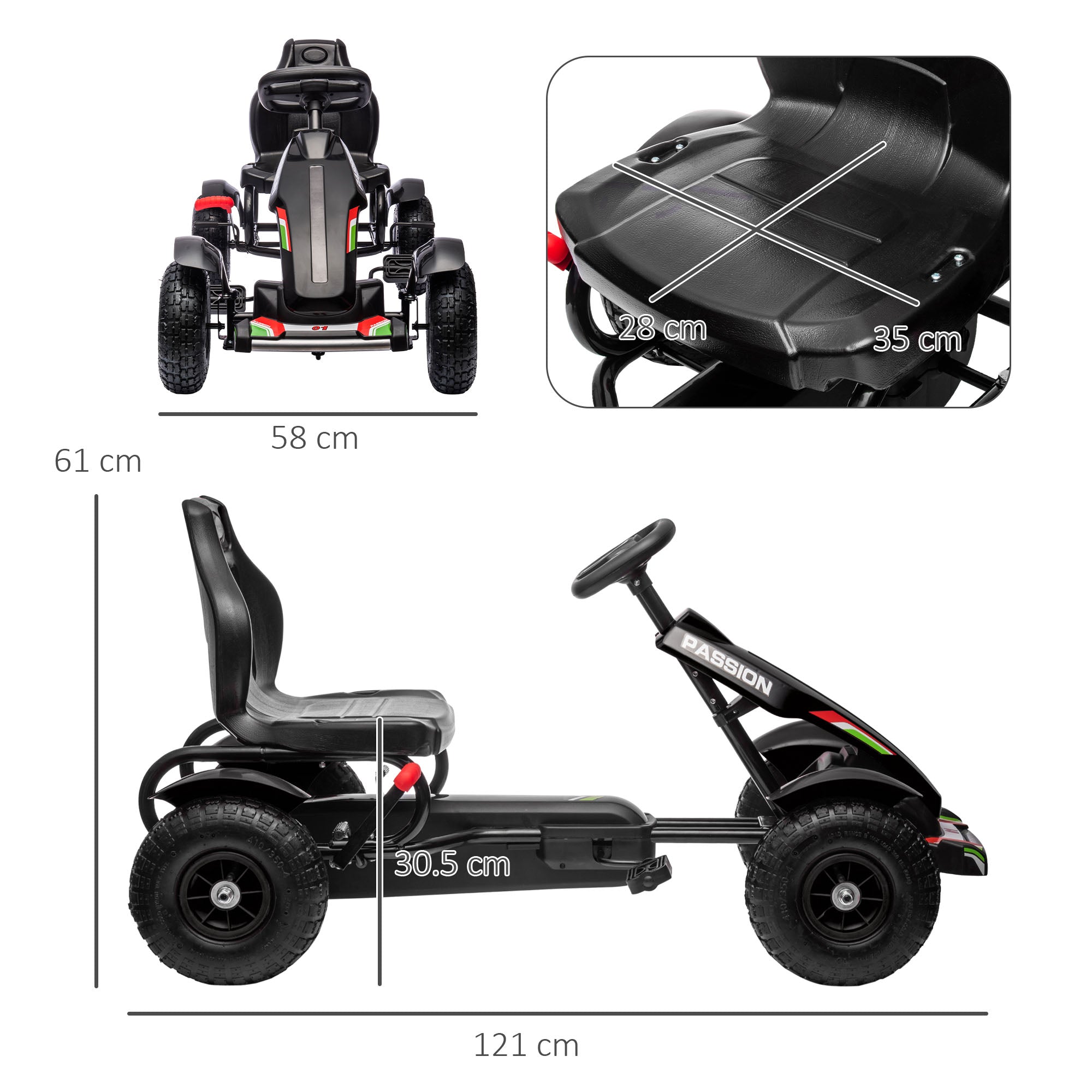 HOMCOM Kids Pedal Go Kart, Metal Frame with Adjustable Seat, Inflatable Tyres for Outdoor Fun, Black - anydaydirect
