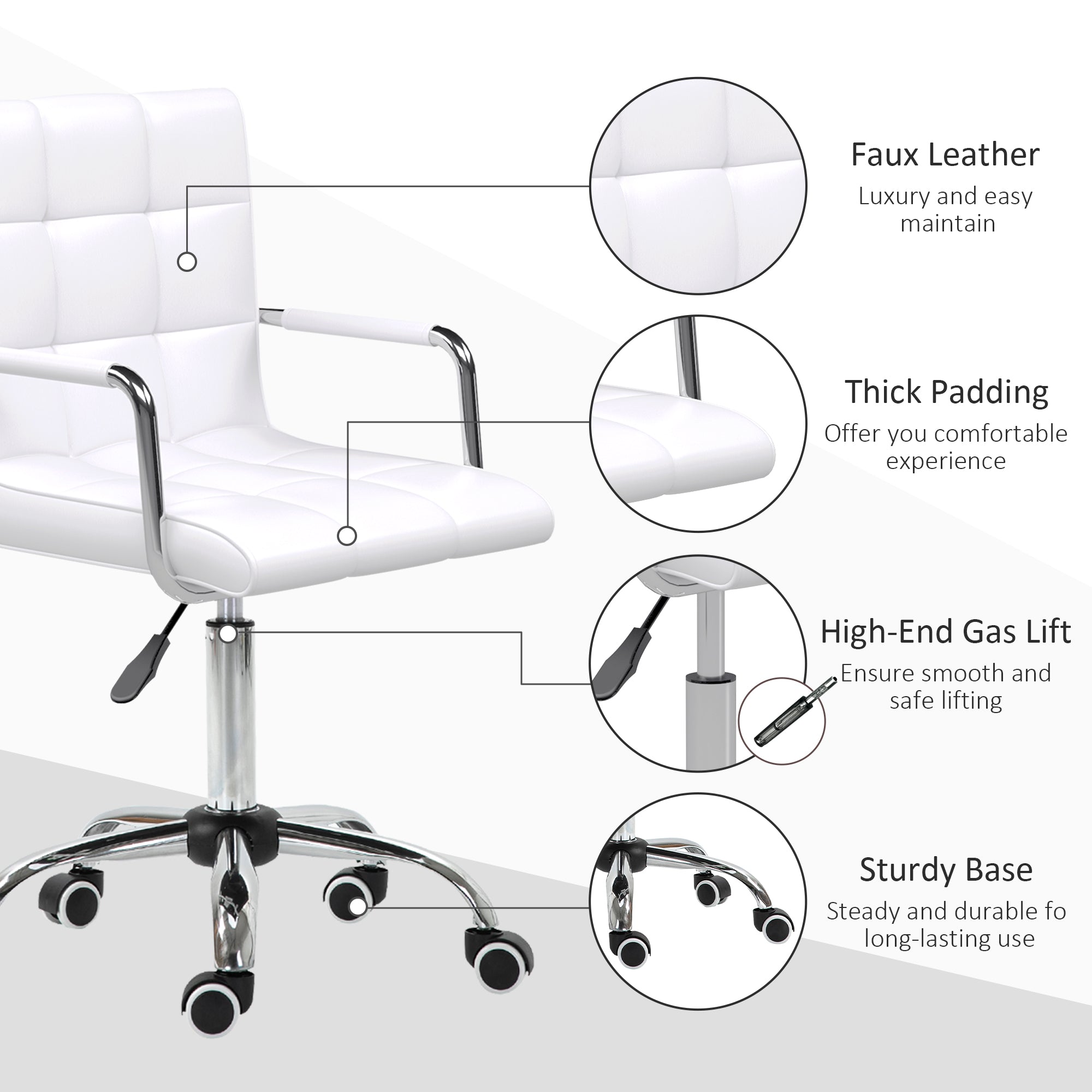Vinsetto Office Chair, Makeup Vanity Chair, Mid Back Computer Chair, PU Leather Swivel Study Chair with Adjustable Height, Armrest and Rolling Wheels, White - anydaydirect
