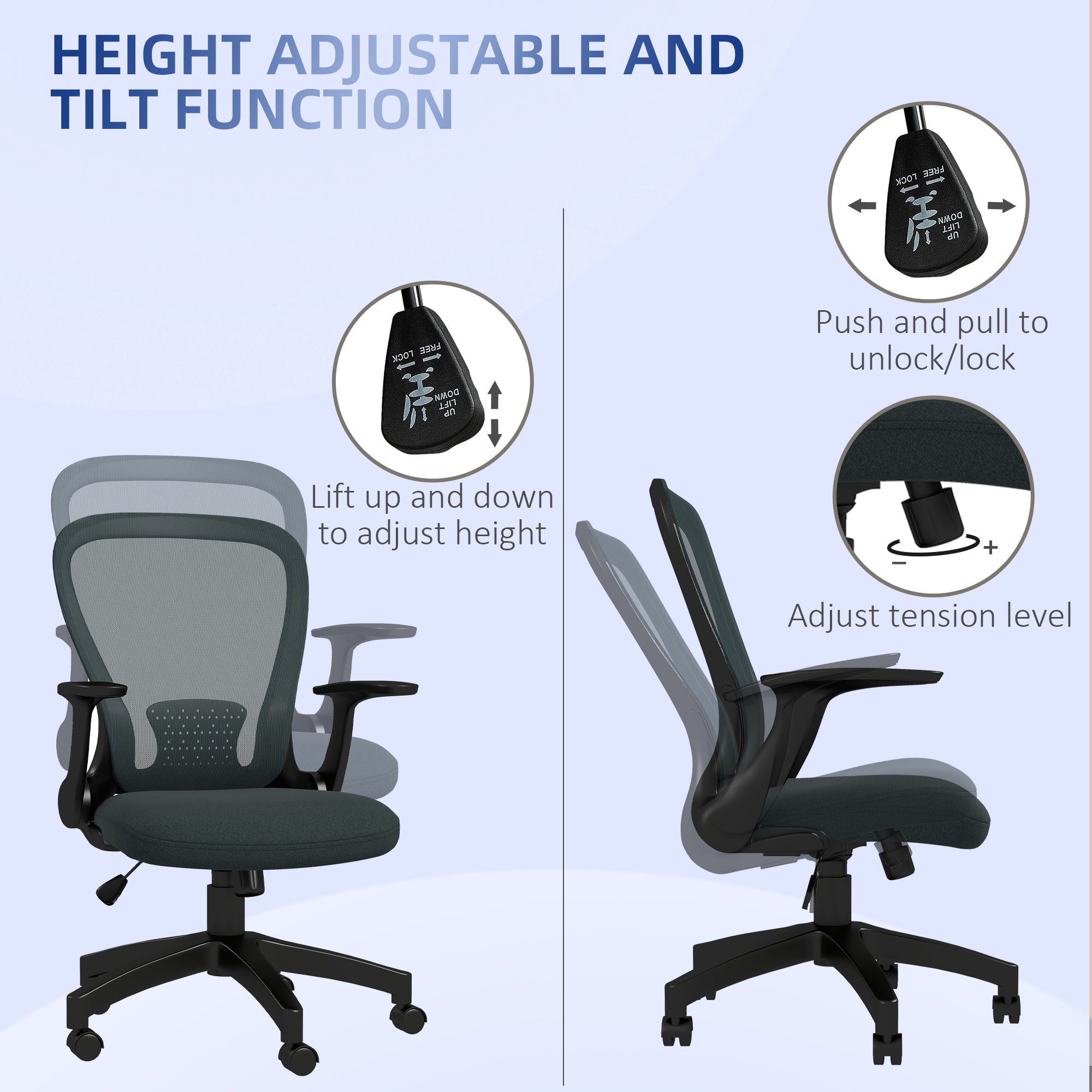 Vinsetto Ergonomic Office Chair, Mesh Desk Chair with Flip-up Armrest, Lumbar Back Support, Swivel Wheels, Grey - anydaydirect