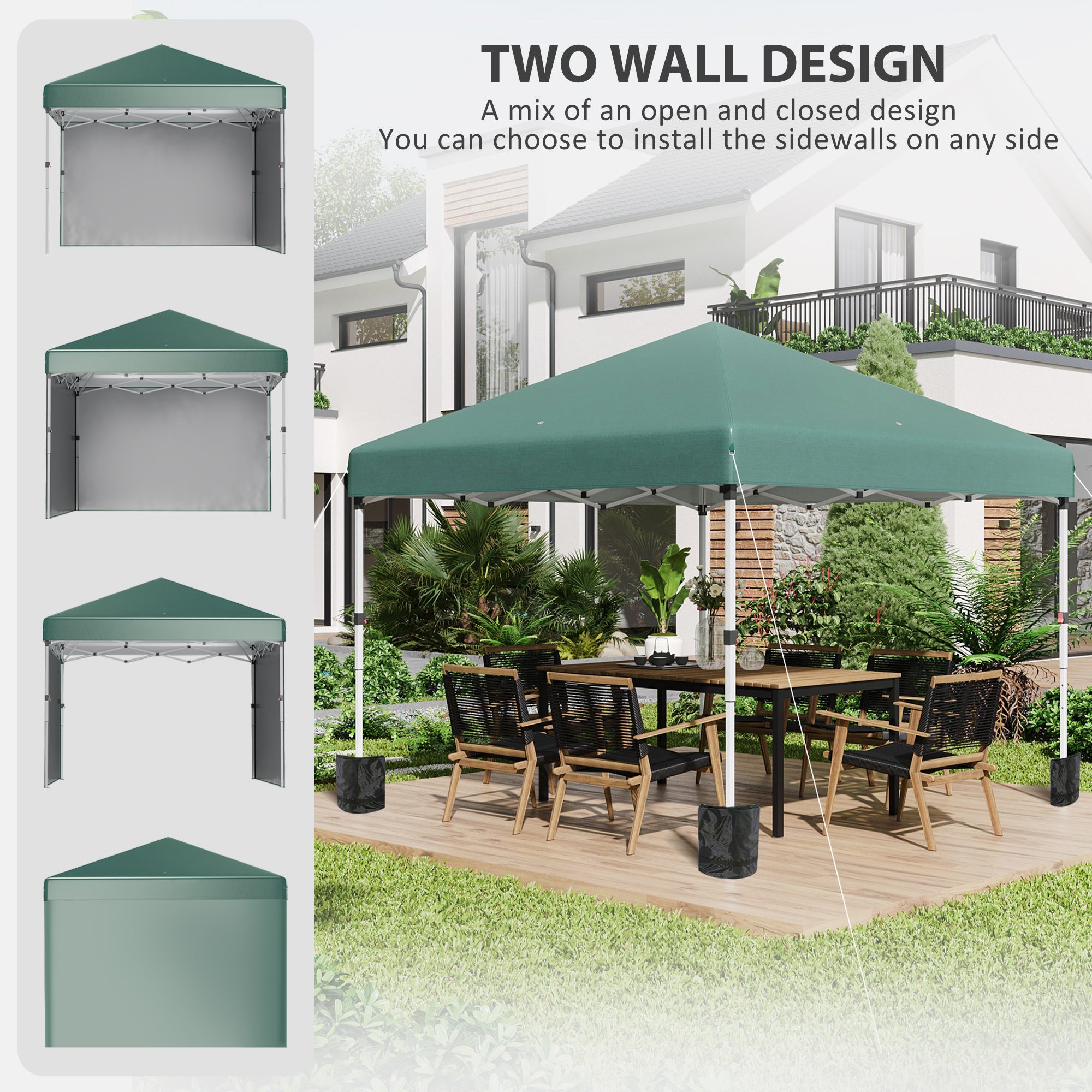 Outsunny 3 x 3 (M) Pop Up Gazebo, UPF 30+ with 2 Sidewalls, Leg Weight Bags and Wheeled Bag, Height Adjustable Party Tent Event Shelter for Garden, Patio, Green - anydaydirect