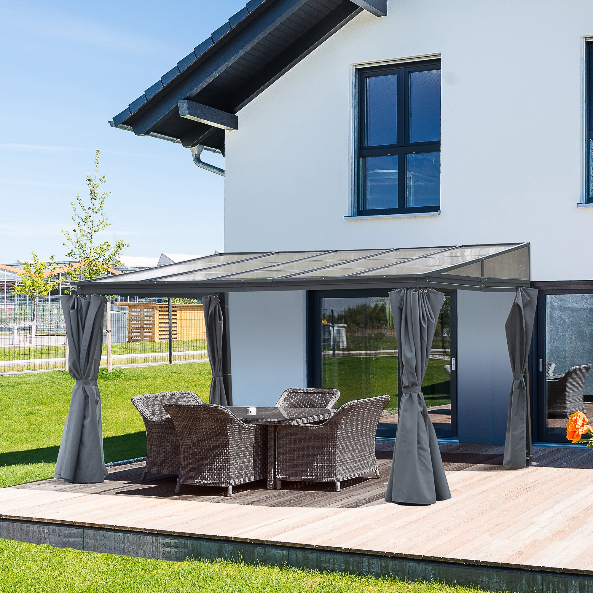 Outsunny 4 x 3(m) Outdoor Hardtop Gazebo with Curtains, Lean to Aluminium Pergola with Polycarbonate Roof, Garden Pavilion Sun Shade Shelter, Grey - anydaydirect