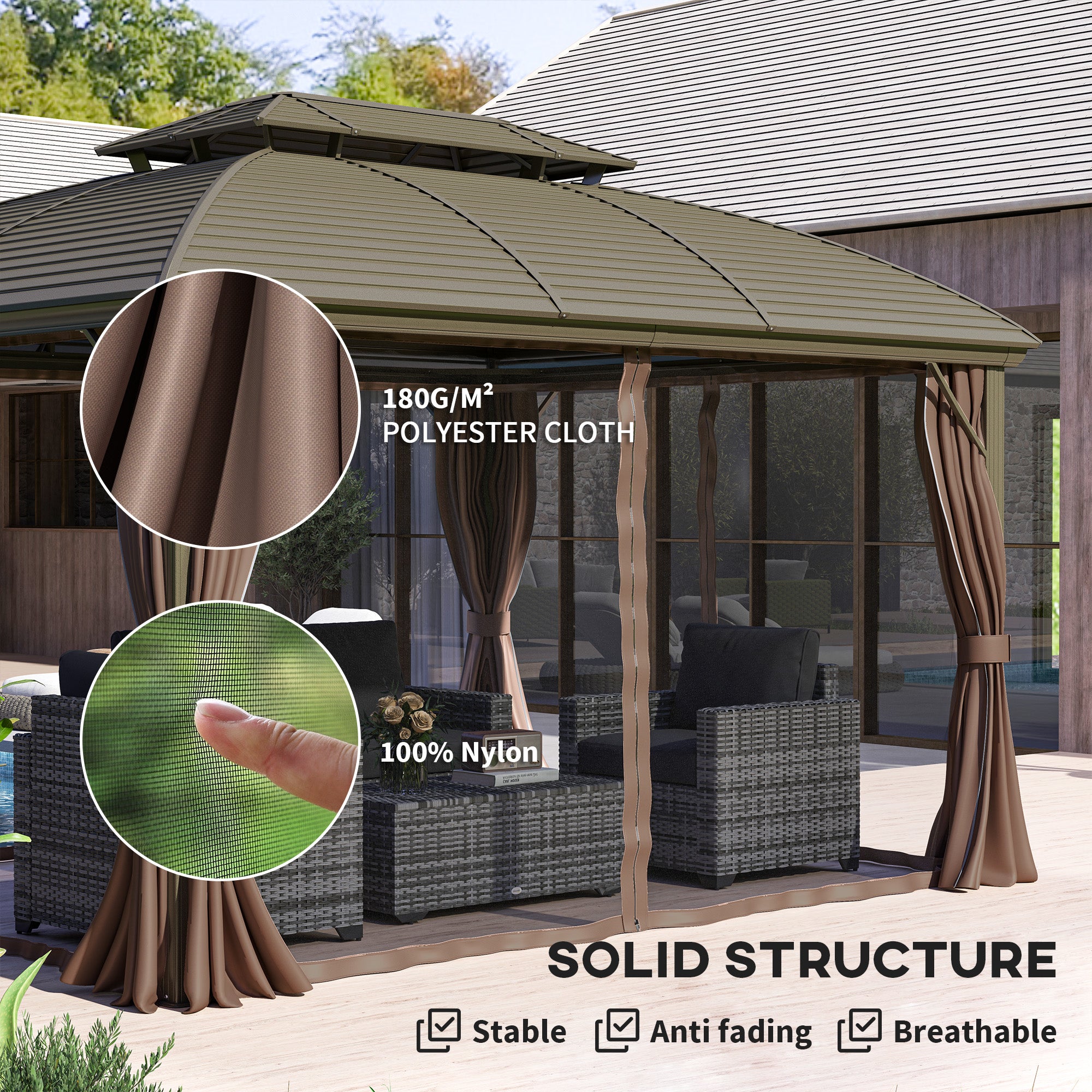Outsunny 3.65 x 3(m) Hardtop Steel Gazebo Canopy with Aluminium Frame, Double Roof, Net Sidewalls and Curtains, Coffee - anydaydirect