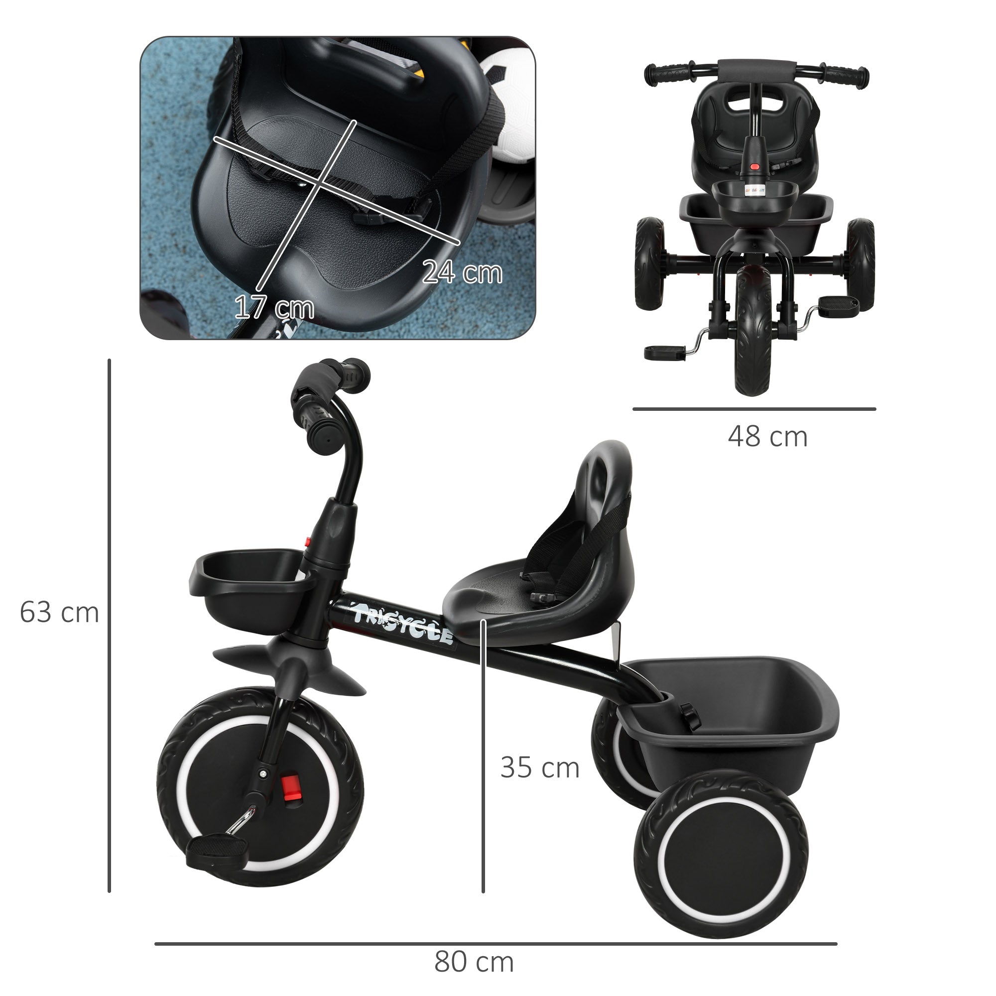 AIYAPLAY Kids Trike for 2-5 Years with Adjustable Seat, Pedal, Baskets, Black - anydaydirect