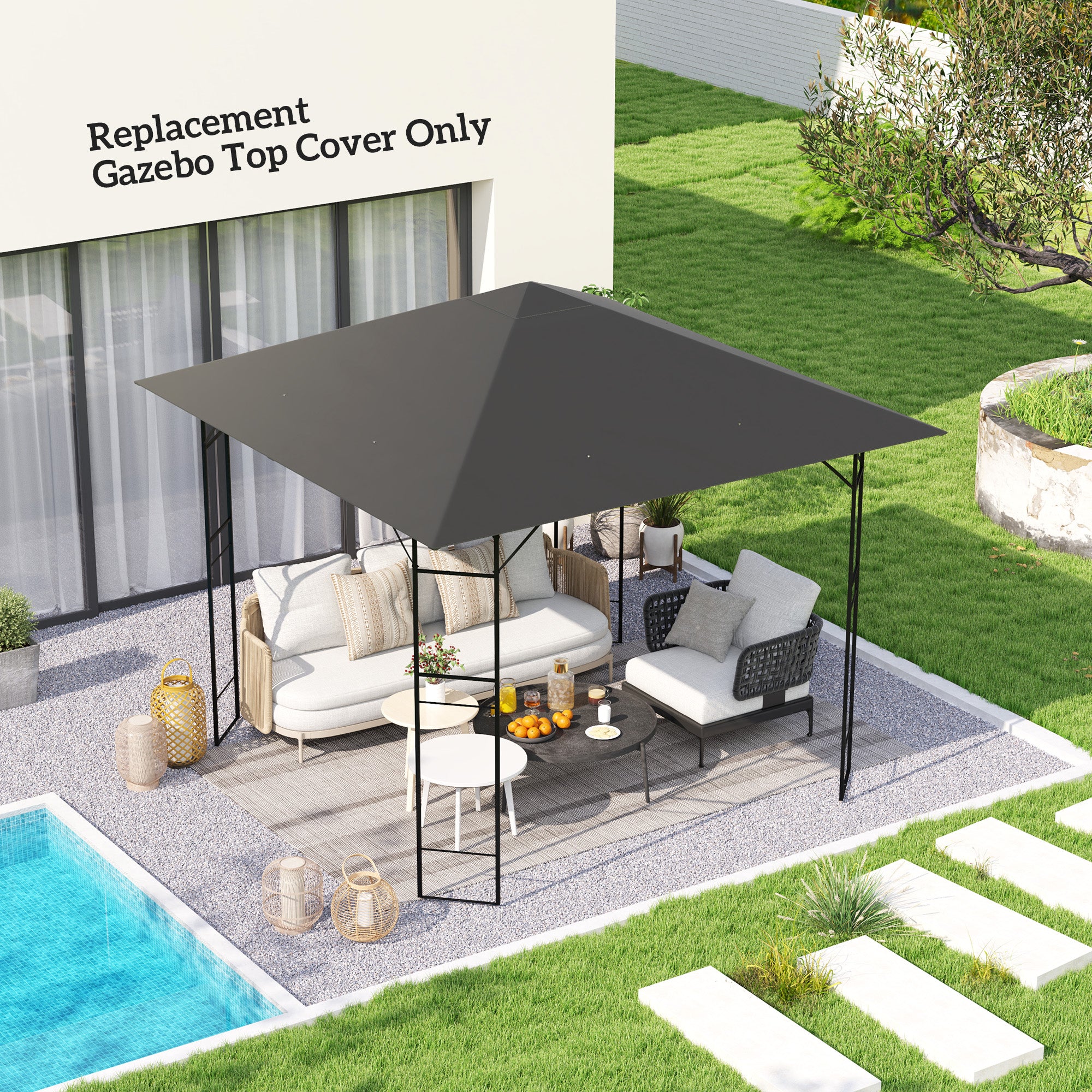 Outsunny 3 x 3(m) Gazebo Canopy Replacement Cover, Garden Gazebo Roof Replacement with Drain Holes, Water Resistant PVC Coating, 370g/?, UPF30+, TOP COVER ONLY, Grey - anydaydirect