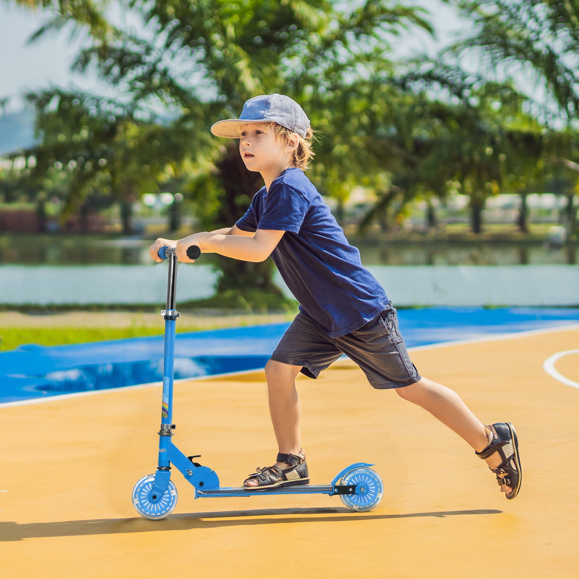 HOMCOM Kids Scooter with Lighting and Music Features, Adjustable Height, Foldable Design for Easy Storage, for 3-7 Years, Blue - anydaydirect
