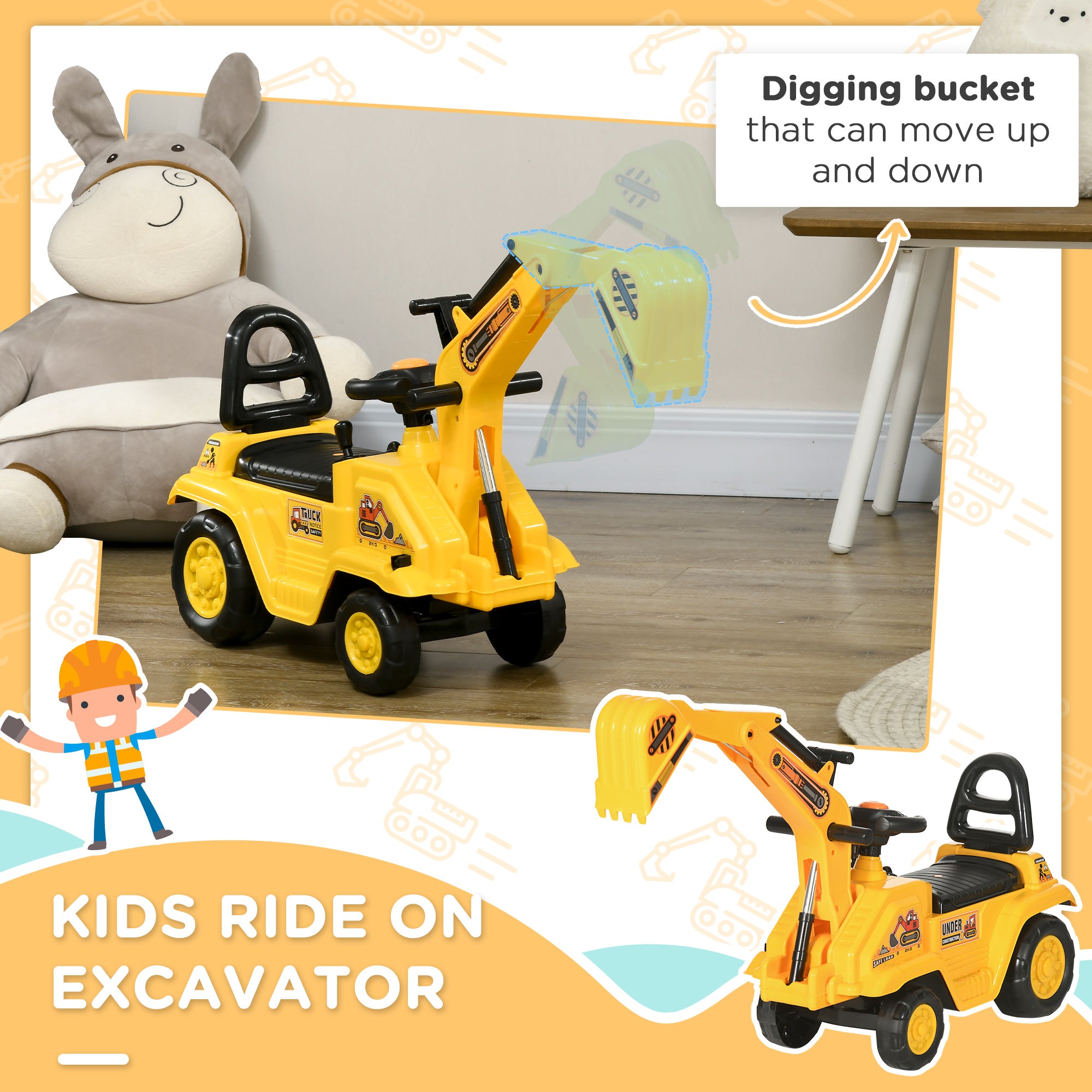HOMCOM 2 in 1 Kids Ride On Tractor Pull Cart with Bucket, Under Seat Storage, Horn, High Backrest, for 1.5-4 Years Old, Yellow - anydaydirect