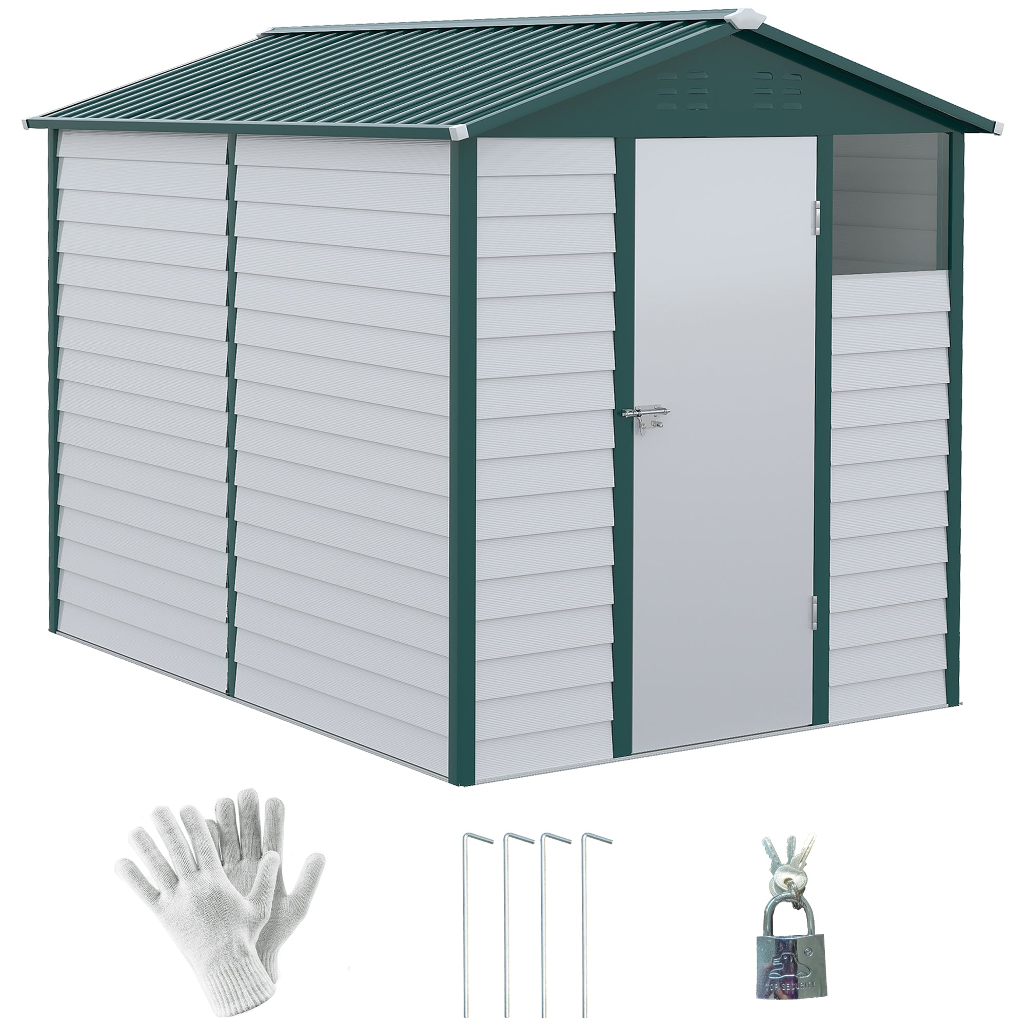 Outsunny 9FT x 6FT Galvanized Metal Garden Shed, Outdoor Storage Shed with Sloped Roof, Lockable Door, Tool Storage Shed for Backyard, Patio, White - anydaydirect