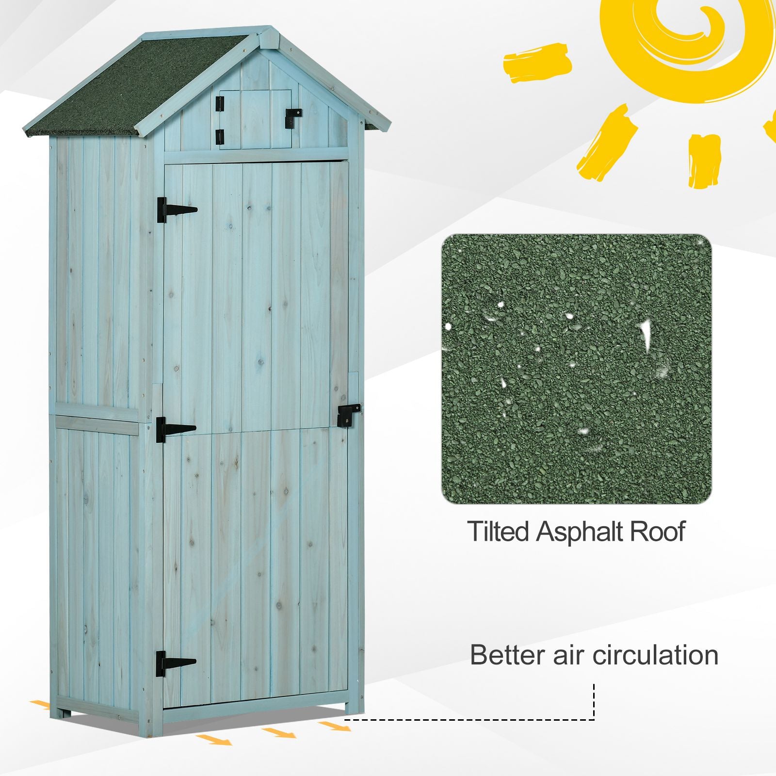 Outsunny Garden Shed Vertical Utility 3 Shelves Shed Wood Outdoor Garden Tool Storage Unit Storage Cabinet, 77 x 54.2 x 179cm - Blue - anydaydirect