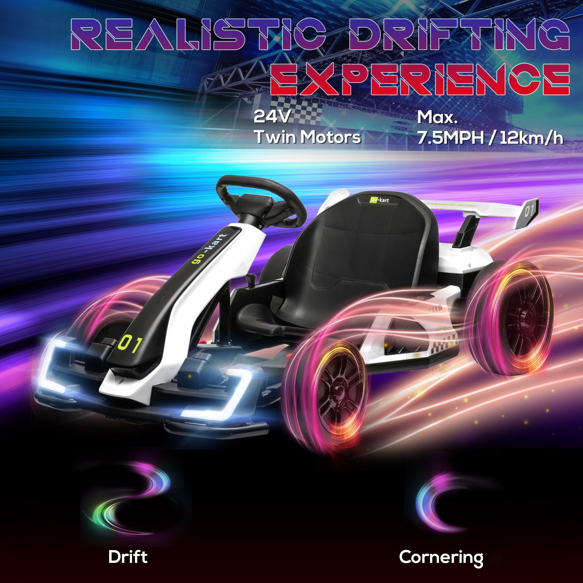 HOMCOM 24V Electric Go Kart for Kids with Adjustable Seat for 6-12 Years Old, White - anydaydirect