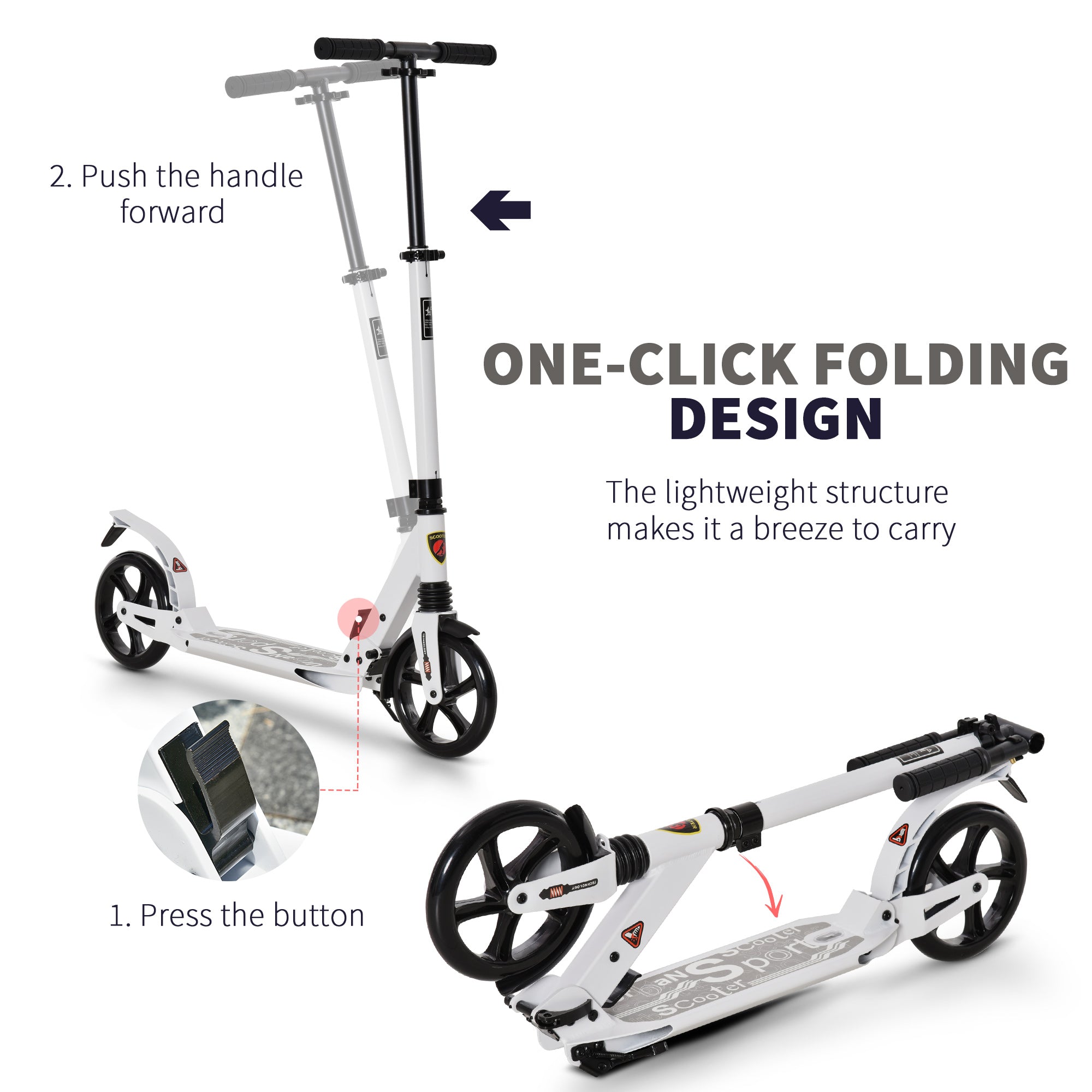 HOMCOM Folding Kick Scooter, Adjustable Ride On Scooter with 200mm Big Wheels and Double Shock Absorption, Urban Scooter for 14+ Teens Adult, White - anydaydirect