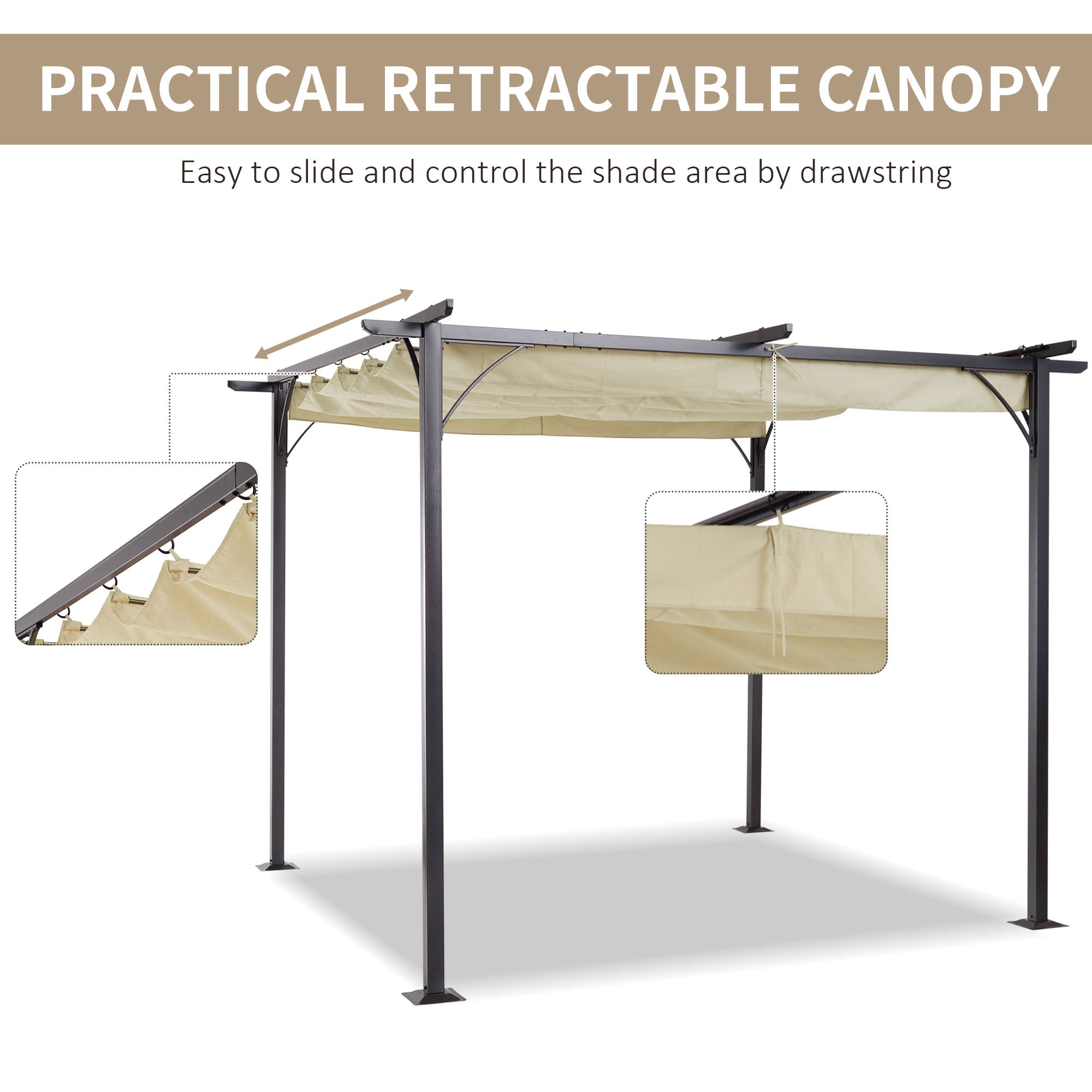 Outsunny 3 x 3(m) Metal Pergola with Retractable Roof, Garden Gazebo Metal Pergola Canopy. Outdoor Sun Shade Shelter for Party BBQ, Beige - anydaydirect