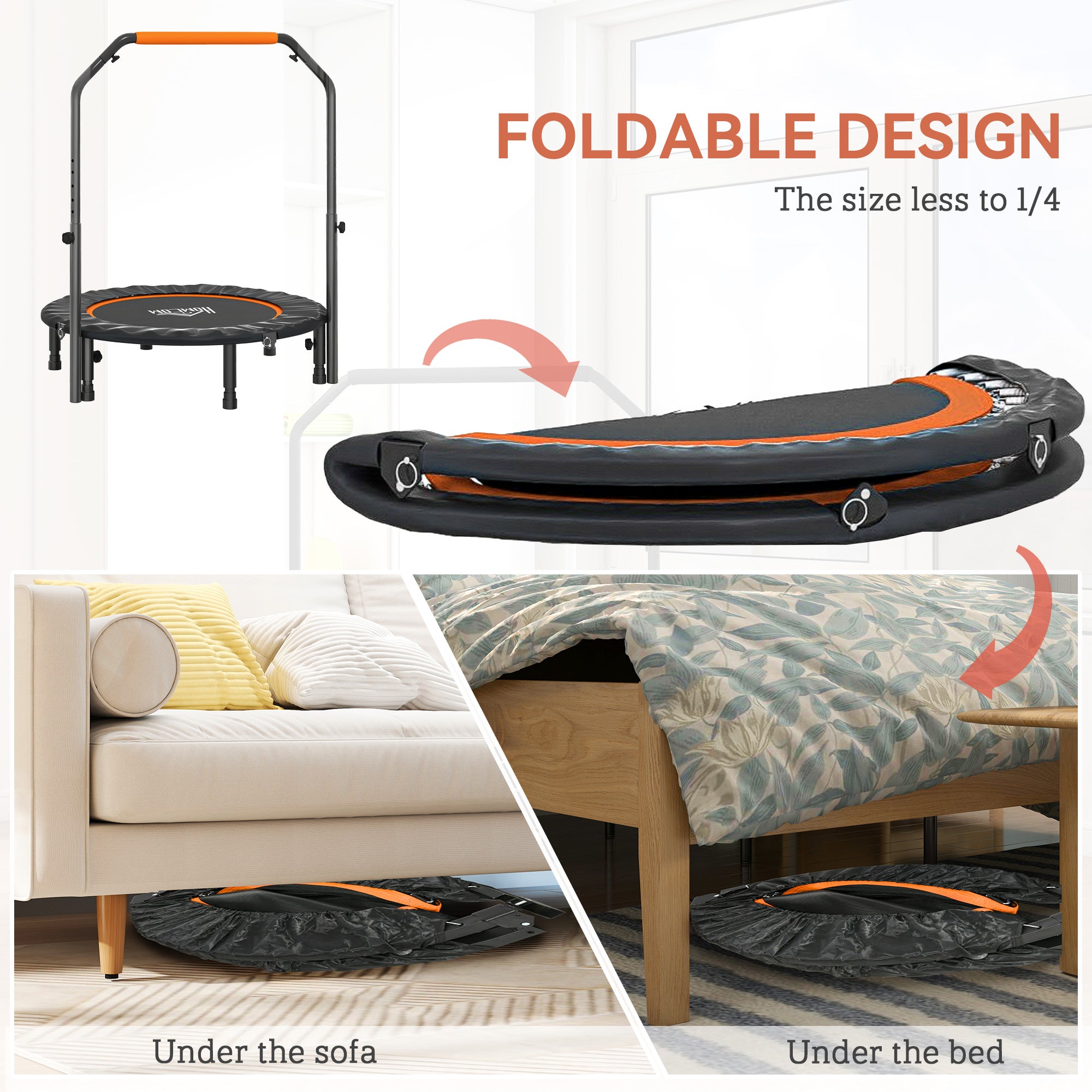 HOMCOM 40" Foldable Mini Fitness Trampoline, with Adjustable Foam Handle, Orange - anydaydirect