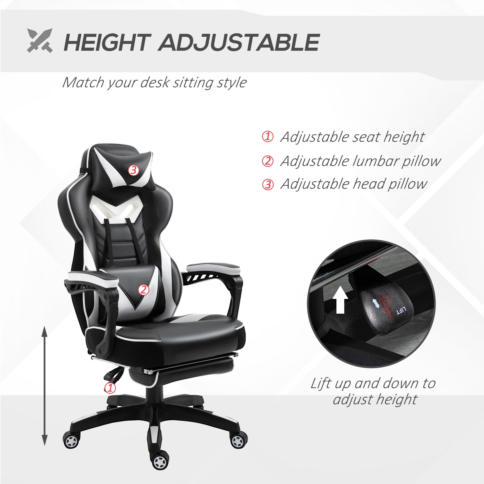 Vinsetto Computer Gaming Chair, Racing Desk Chair with Lumbar Support and Footrest, PU Leather Gamer Chair with Headrest and Swivel Wheels for Home, White - anydaydirect