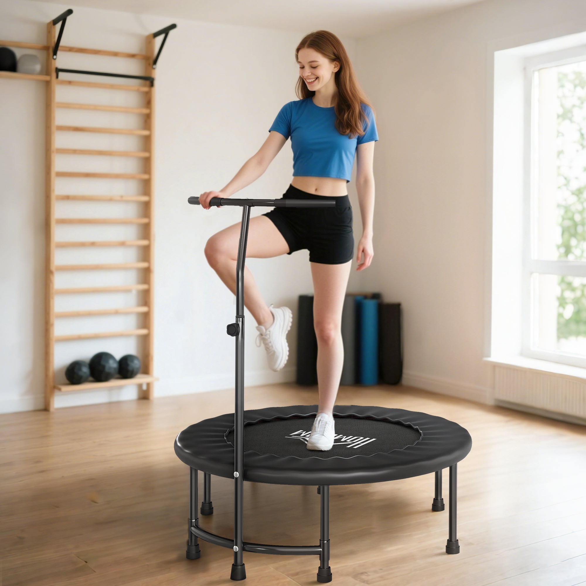 HOMCOM 40" Fitness Trampoline with Adjustable Handle, Rebounder Trampoline, Mini Jumper for Indoor Exercise Workout, Black - anydaydirect