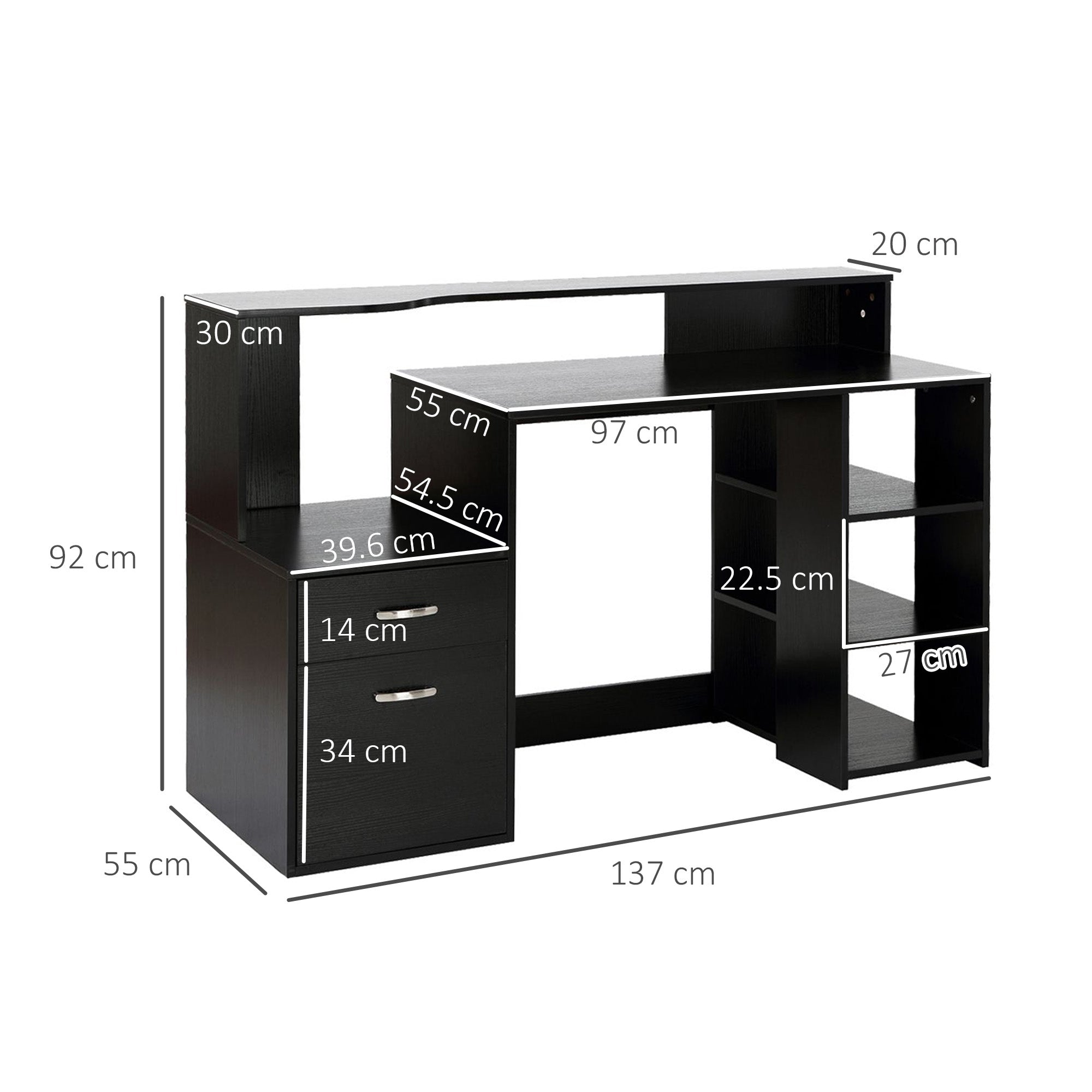 HOMCOM Computer Desk with Drawers and Storage Shelves, Reception Desk, Study Workstation for Home Office, 137 x 55 x 92cm, Black - anydaydirect