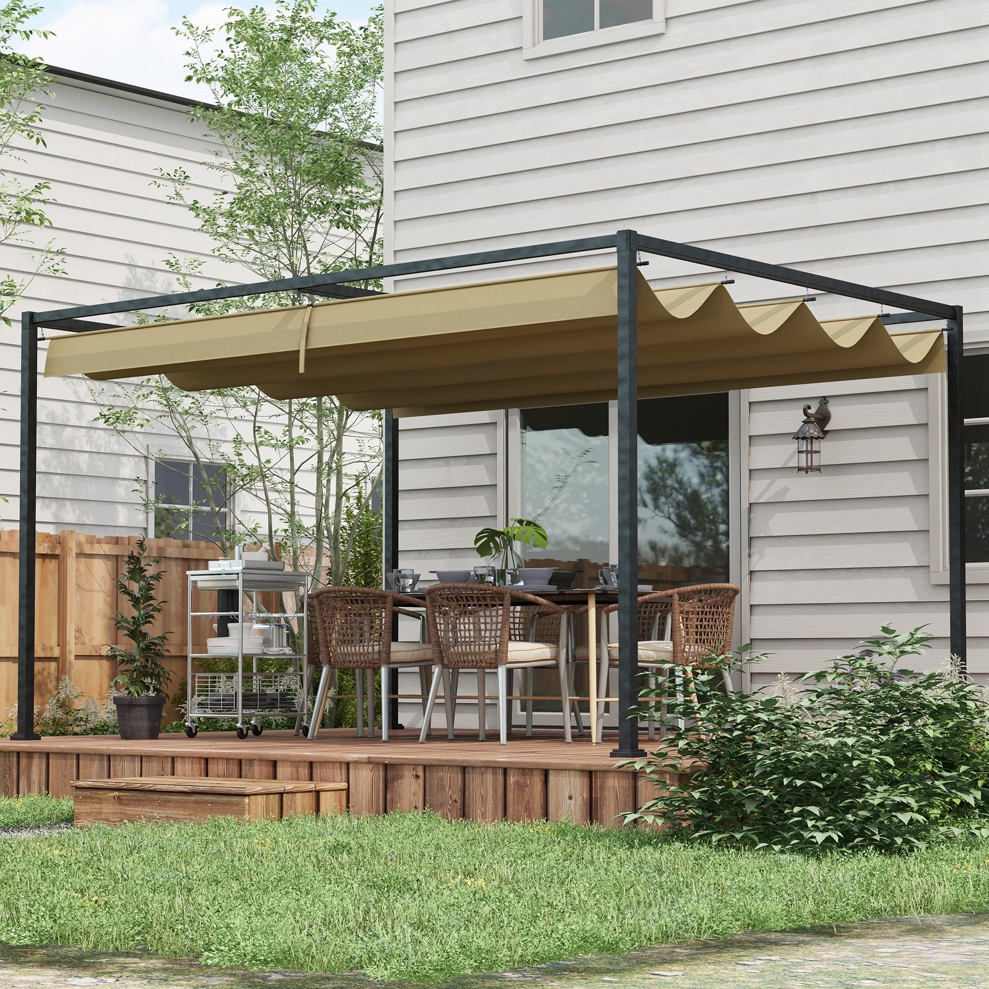 Outsunny 4 x 3(m) Metal Pergola with Retractable Roof, Garden Gazebo Canopy Shelter for Outdoor, Patio, Khaki - anydaydirect