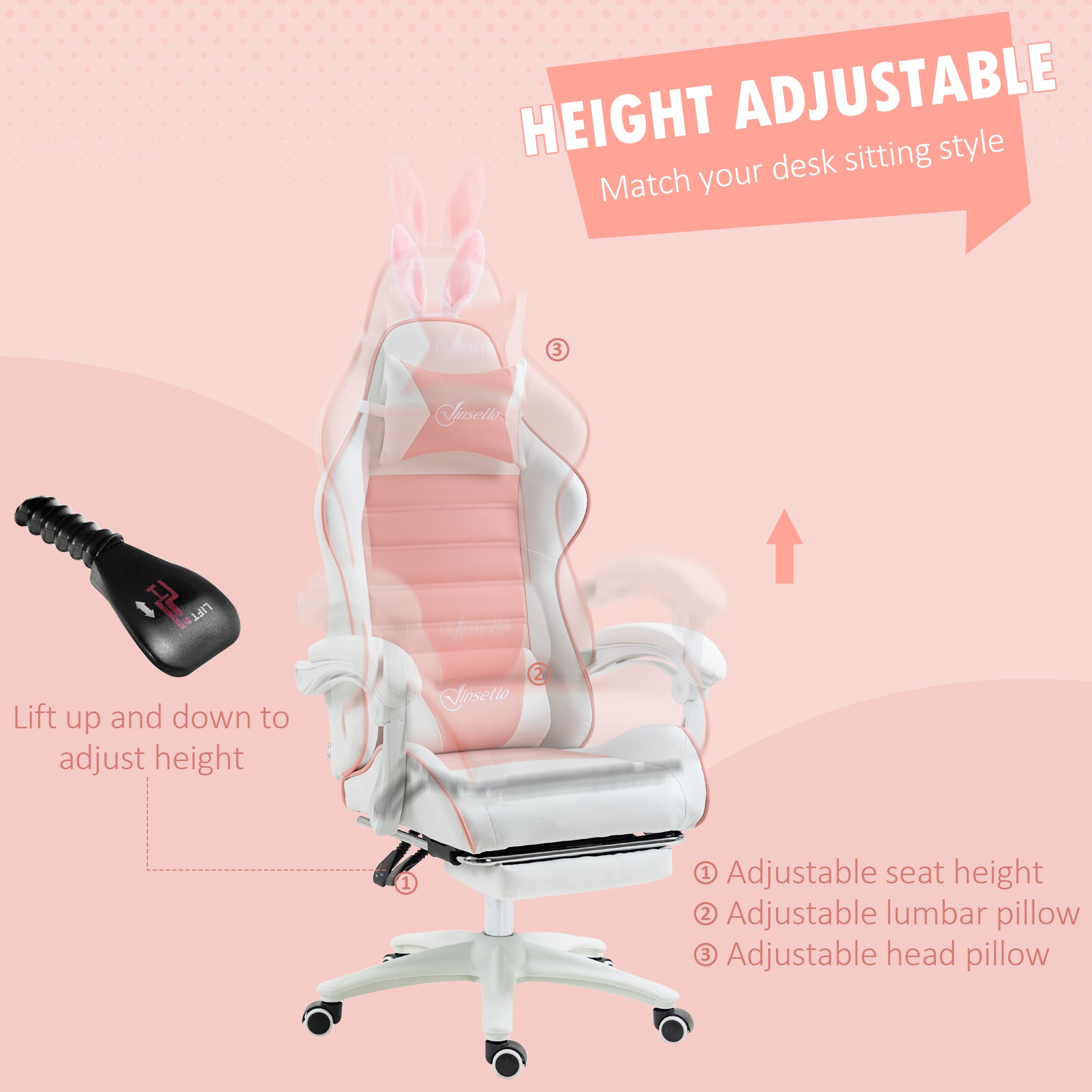 Vinsetto Racing Gaming Chair, Reclining PU Leather Computer Chair with Removable Rabbit Ears, Footrest, Headrest and Lumber Support, Pink - anydaydirect