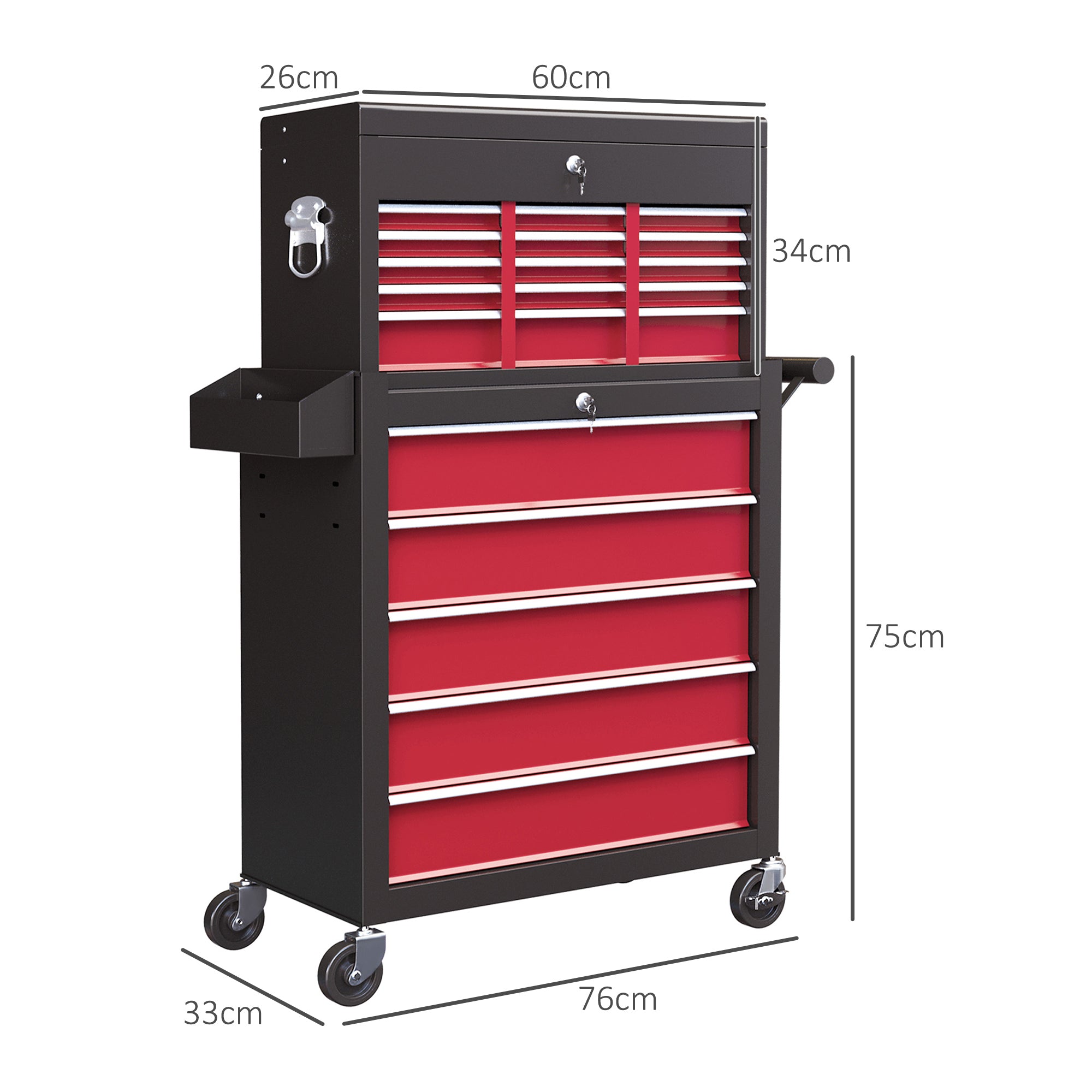 HOMCOM 14 Drawer, Two-Part Tool Storage Chest on Wheels - Red - anydaydirect