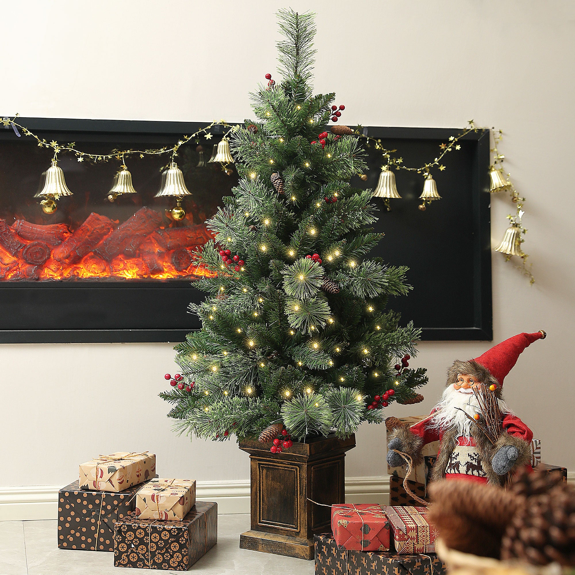 HOMCOM 1.2m/4ft Artificial Christmas Tree with 100 Warm White LED Lights and 8 Modes, Small Xmas Tree with Red Berries, Pine Cones and Retro Base, Green - anydaydirect