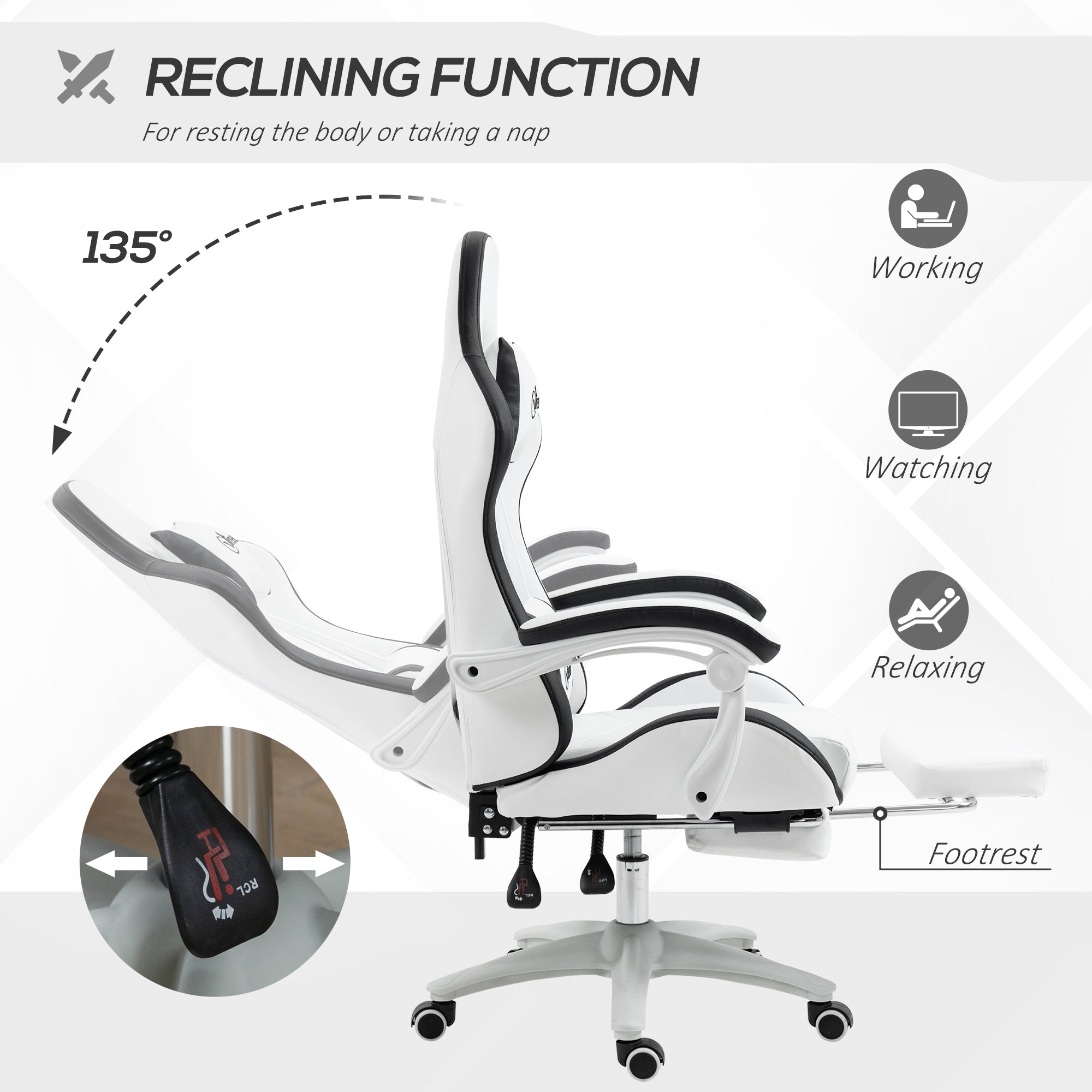 Vinsetto Computer Gaming Chair, PU Leather Desk Chair with Footrest, Swivel Task Chair with 135° Reclining Back and Lumbar Support, PC Chair for Adults, White and Black - anydaydirect
