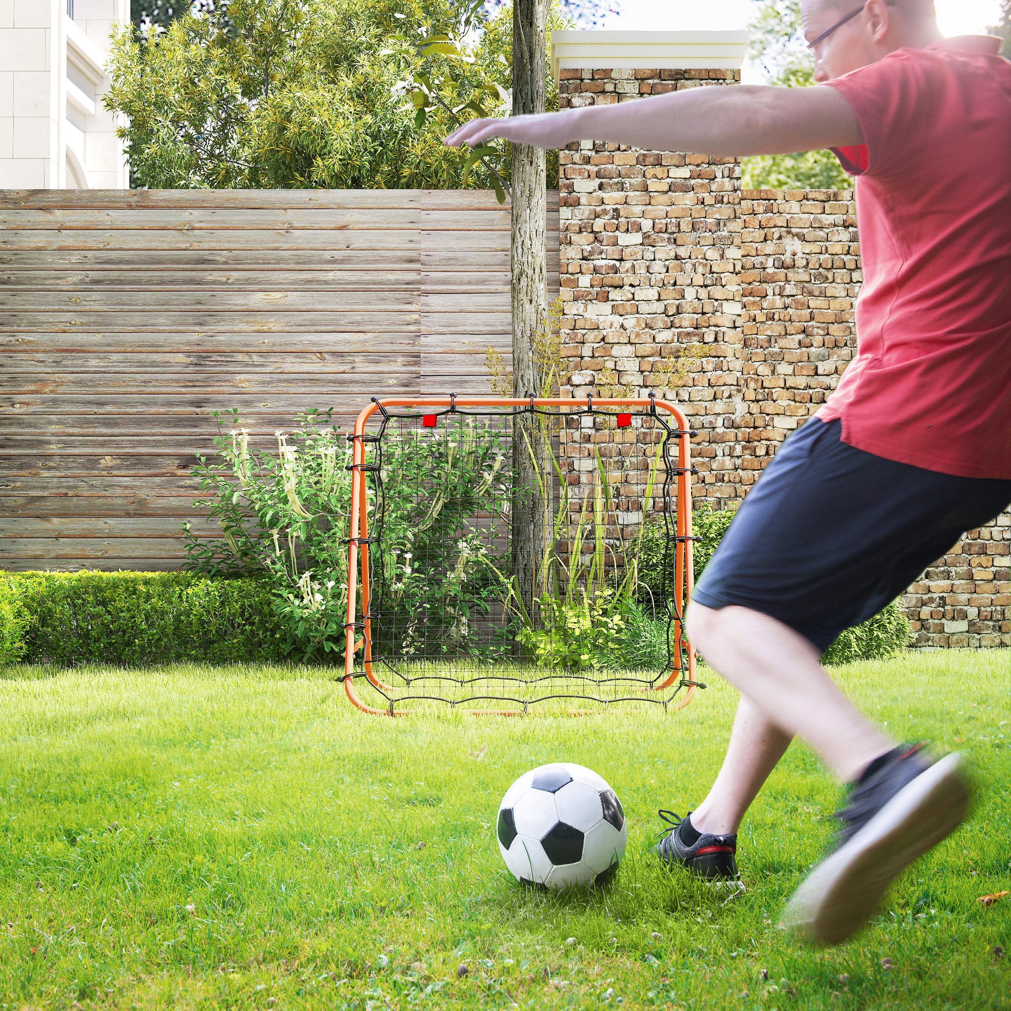 HOMCOM Double Sided Football Rebounder Net, Football Rebound Goal with Five Adjustable Angles, Orange - anydaydirect