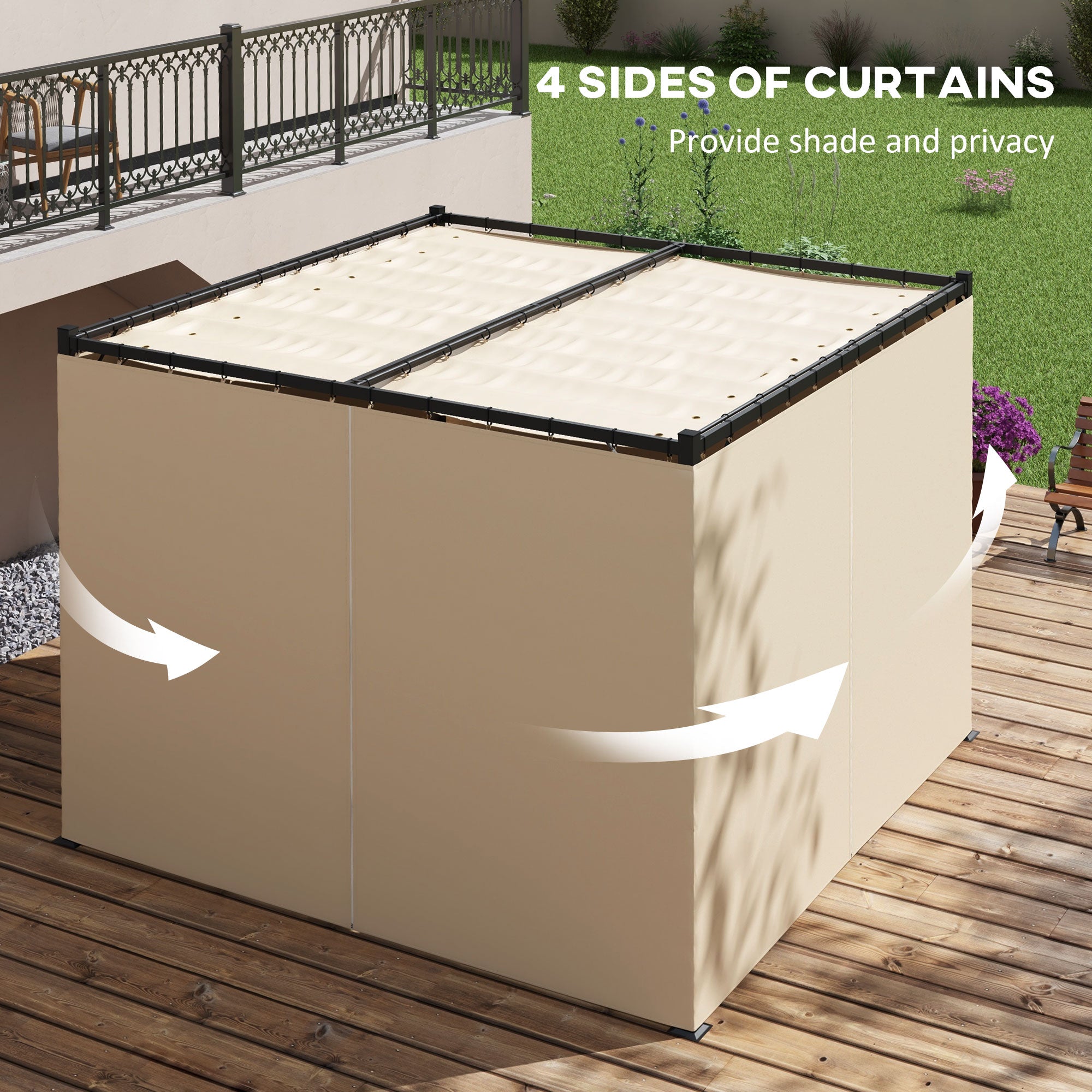 Outsunny 3 x 3(m) Retractable Pergola, Garden Gazebo Shelter with Curtains, for Grill, Patio, Deck, Beige - anydaydirect